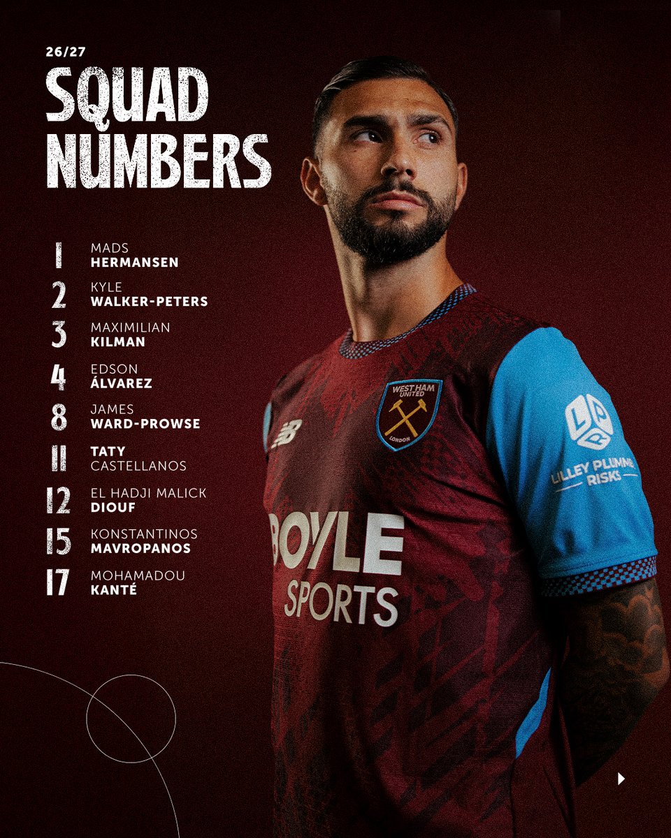 WestHam's tweet photo. Confirmation of the men’s first-team squad numbers for the 26/27 season 🔢