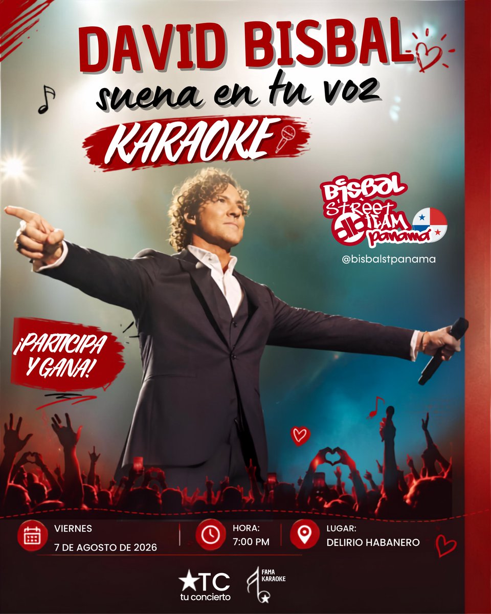 bisbalpanama's tweet photo. ¿Listos para cantar a todo pulmón Ave María, Bulería, Mi princesa, Esclavo de sus besos, Dígale, Quién me iba a decir y muchos éxitos más de @davidbisbal ? •  Reúne a tus amigos y ven a disfrutar de una noche llena de música, diversión y premios.
#DavidBisbal #Karaoke #Panamá https://t.co/rf9nVIhIdX