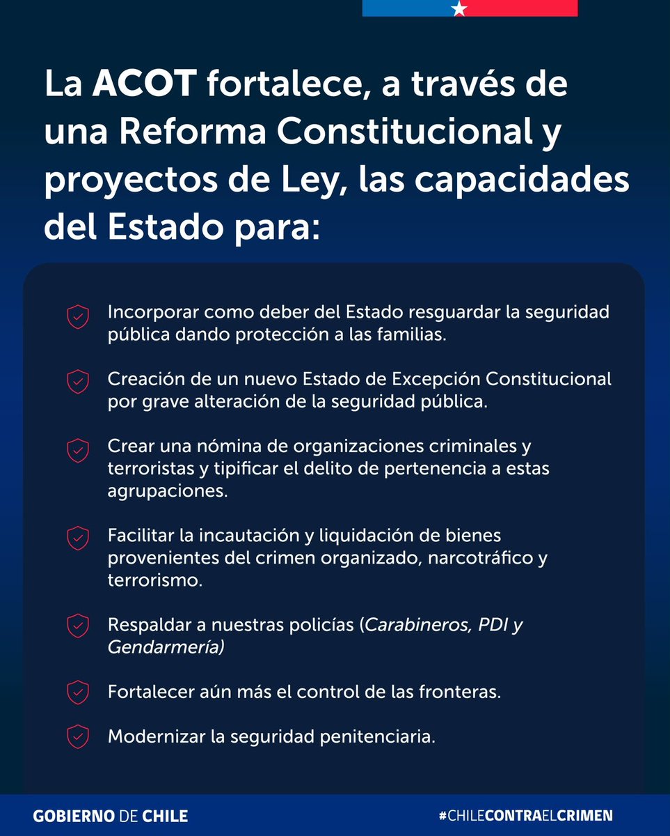 lilidinam's tweet photo. #ChileContraElCrimen* 🇨🇱ACOT busca fortalecer a nuestras policías, reforzar el control de las fronteras, modernizar la seguridad penitenciaria y combatir con mayor eficacia al crimen organizado para proteger a las familias chilenas._ https://t.co/CJPJqZuD2J
