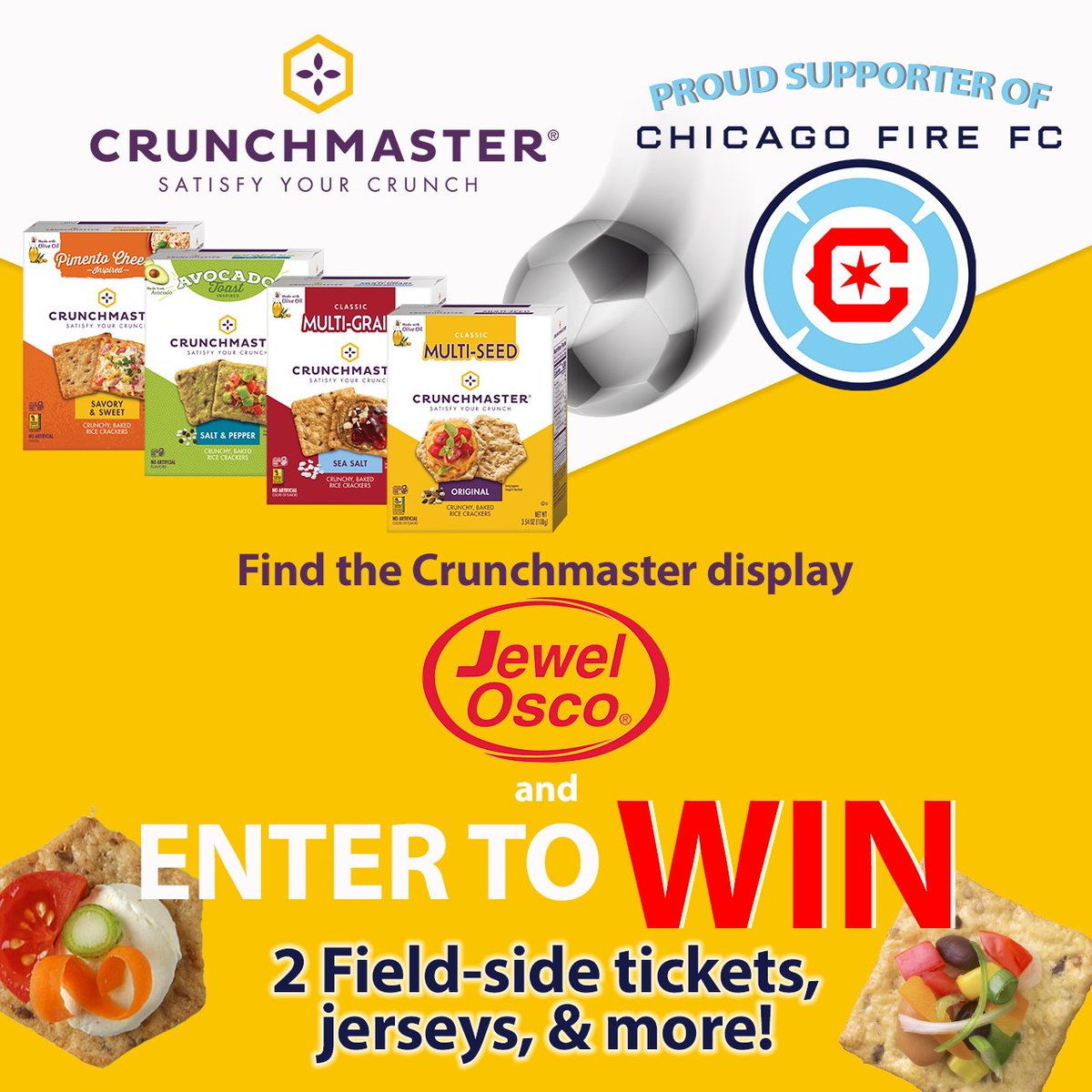 jewelosco's tweet photo. Enter the Crunchmaster sweepstakes for your chance to win 2 fieldside tickets to the Chicago Fire game, jerseys, and more! ⚽ Plus, Crunchmaster crackers are on sale in our stores this week! Enter at: https://t.co/s00TA5VvzD https://t.co/f8JCYWejrk