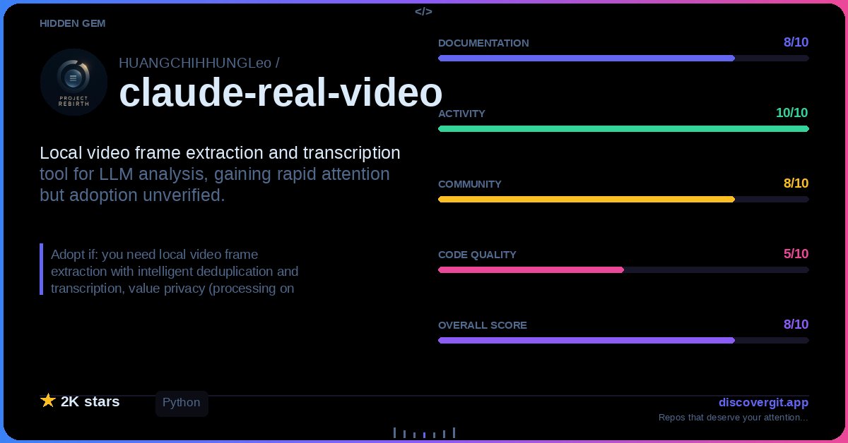 DiscoverGit's tweet photo. HIDDEN GEM: HUANGCHIHHUNGLeo/claude-real-video

Extract video frames locally and feed them to LLMs for analysis. Bridges the gap between video content and AI comprehension without cloud dependency.

Only ★ 2K stars · Q80/100
#Computervision #Llm https://t.co/I5EgOTfPyj https://t.co/TWrMQCWZxp