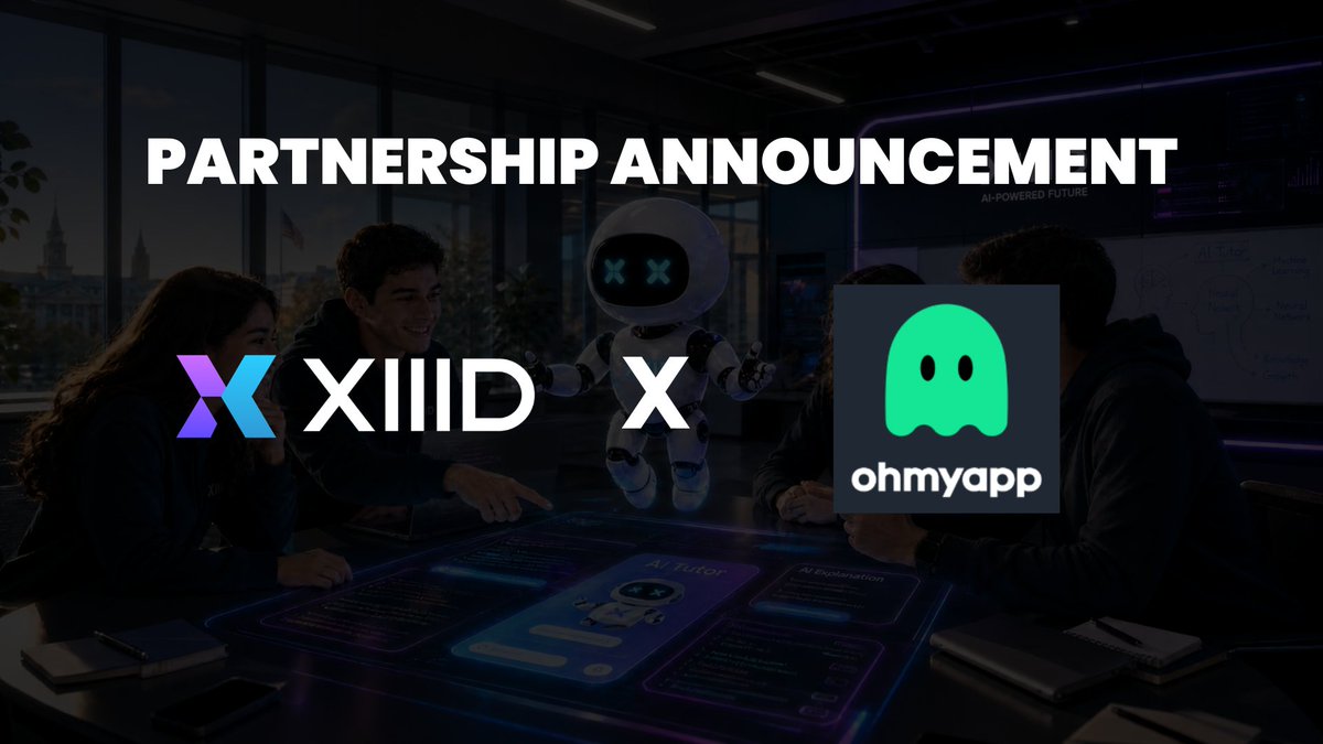 xiiid_official's tweet photo. 🎉 XIIID × OhMyApp Partnership Celebration Event

XIIID has partnered with OhMyApp to accelerate the development of its mobile applications and strengthen the user experience across the XIIID ecosystem.

To celebrate the partnership, we're giving away 150,000 XIIID! 🎉

🎁 Rewards
• 500 Winners (Lottery) × 300 XIIID
• Total Reward Pool: 150,000 XIIID

📋 How to Join
✅ Follow XIIID on X
✅ Comment on this post
✅ Sign up for XClass
✅ Complete any 10 Classes (8.6~8.13)
✅ Sign up for XWallet
✅ Complete SMS verification
✅ Submit the participation form
👉 https://t.co/YfcCx8qNeb

⚠️ Bots and suspicious accounts are excluded.
⚠️ Participants must complete at least 10 Classes between August 6 ~ 13

📅 Event Period
August 6 – August 13, 2026 (UTC)

📢 Winners Announcement
August 14, 2026 (UTC)

Good luck, and thank you for supporting the future of AI-powered education! 🚀

#XIIID #OhMyApp #MobileApps #AIEducation #Web3