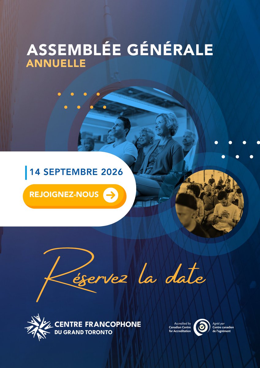 CentrefrancoT's tweet photo. 🗣️ Votre voix compte!
L’Assemblée générale annuelle du @CentrefrancoT est un moment privilégié pour découvrir les réalisations de la dernière année, mieux connaître les priorités à venir et prendre part aux échanges qui façonnent l’avenir de notre Centre.

📅 Lundi 14 septembre 2026
🕕 18 h
📍 555, rue Richmond Ouest, Toronto – 3e étage
💻 Participation possible en personne ou en ligne

Inscrivez-vous dès maintenant sur Eventbrite :
https://t.co/StyfUbZhom
Vous n’êtes pas encore membre du CFGT ou vous souhaitez renouveler votre adhésion? Devenez membre ou renouvelez votre adhésion ici :
https://t.co/RbZ0tY9sZ6
------------------------------------------------------
#CFGT #AssembléeGénérale #FrancophonieOntarienne #GrandToronto #CommunautéFrancophone