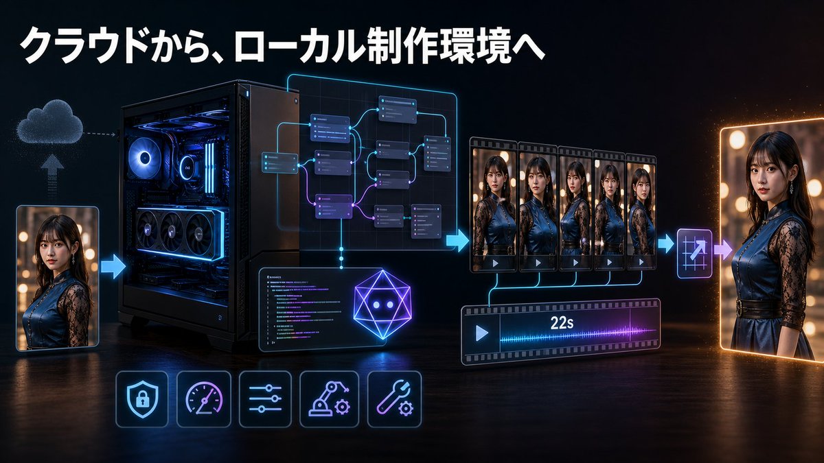 rathbone_ai's tweet photo. 🔥 正直、これはかなり衝撃です。

MiniMax H3がオープンウェイトで公開され、モデルを自分のPCへダウンロードして、ComfyUIからローカルで動画生成できるようになりました。

これほど高品質な動画生成モデルを、クラウドAPIだけでなく手元の環境で動かせる。

AI動画生成が「外部サービスを借りるもの」から、「自分のPCに制作環境を持つもの」へ変わり始めています。

今日は実際にMiniMax H3をローカル環境へ導入しました。

環境構築はCodexにほぼ丸投げ🤖

必要なモデル、依存関係、ComfyUIのworkflowまで調べてもらい、エラーが出たらログを渡して修正してもらう。

この繰り返しで、実際に動画を生成できるところまで到達しました。

オープンウェイトでローカル利用できる何がすごいのか。

・素材を外部サービスへ毎回アップロードしなくていい
・生成ごとのAPI従量課金を気にせず試行錯誤できる
・自分専用のworkflowへ改造できる
・生成、延長、連結、アップスケールまで自動化できる
・エラーが出てもCodexと一緒に中身から直せる

つまり、AI動画を「完成されたサービスとして使う」だけではなく、自分専用の制作システムとして育てられます。

そして肝心の出力品質も、想像していたよりかなり良い。

今日は約4.5秒の動画を1本ずつ確認しながら5本生成し、同じ人物と衣装を維持したまま約22秒まで延長。

最後に連結してアップスケールしています。

別々に生成した動画なので、まだ境界が少し分かる部分はあります。

それでも、前の動画の最終フレームを次の開始画像として渡すことで、場面の続きをローカルだけで作れました。

さらにSageAttentionを使うと、通常設定より生成がかなり速くなっている印象です⚡

ローカル動画生成は「高性能PCを持つ一部の詳しい人だけのもの」だと思っていました。

でも、オープンウェイトの公開と、Codexによる環境構築・トラブル解決が組み合わさったことで、一気に現実的になりました。

今回つまずいた点や、

・顔と衣装を維持する参照画像の使い分け
・短い動画を5本つなぐ方法
・FFmpegで起きた文字コード問題
・ComfyUIだけで完結させるGUI改修

については、週末に詳しい記事としてまとめます。

MiniMax H3のオープンウェイト公開。

これはローカルAI動画制作の流れを大きく変える出来事になるかもしれません。

#ComfyUI #AI動画