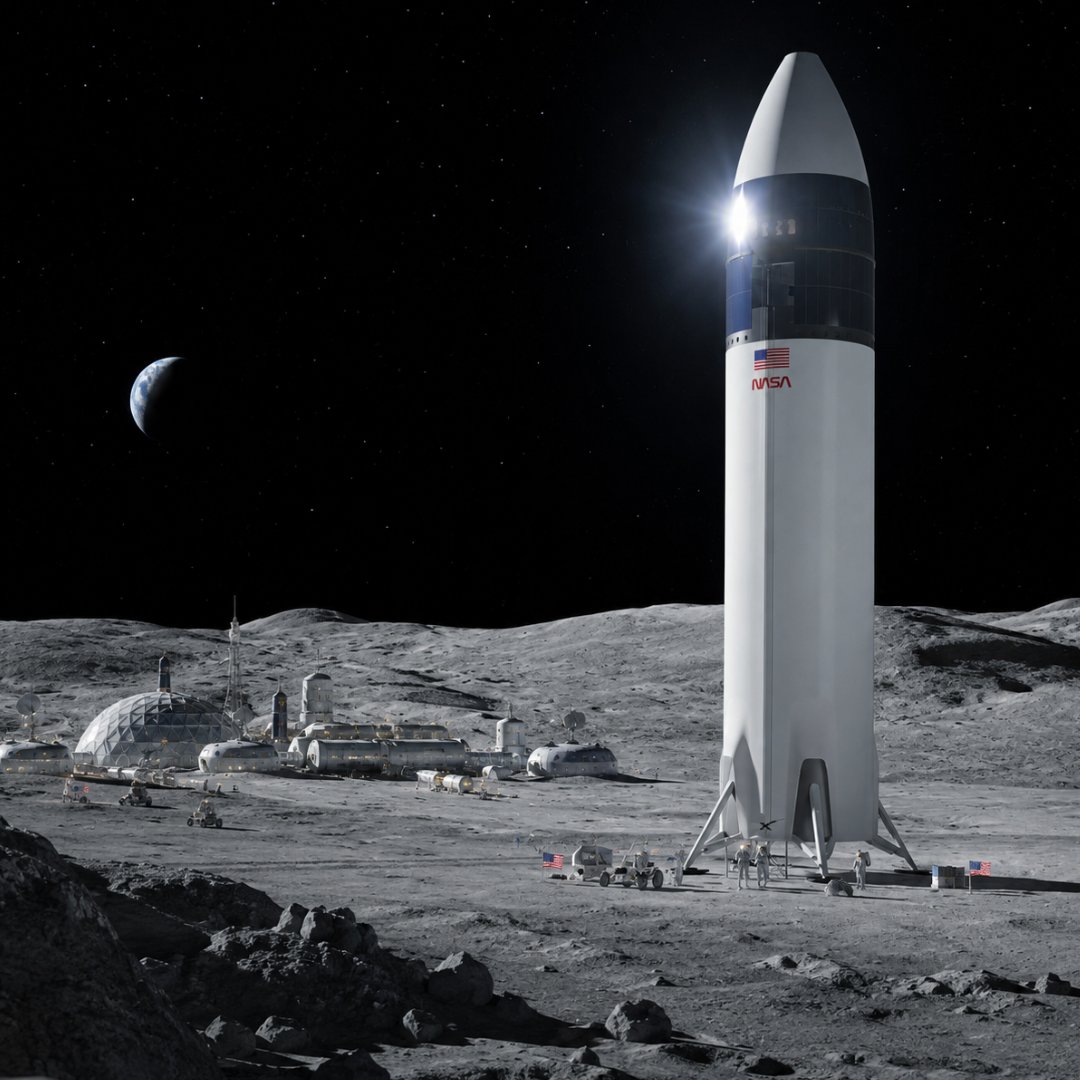 spaceandtech_'s tweet photo. 🚨 NASA chief Jared Isaacman says SpaceX’s fully reusable Starship could build a Moon base that may one day become a small city. https://t.co/SaKcJZymQU