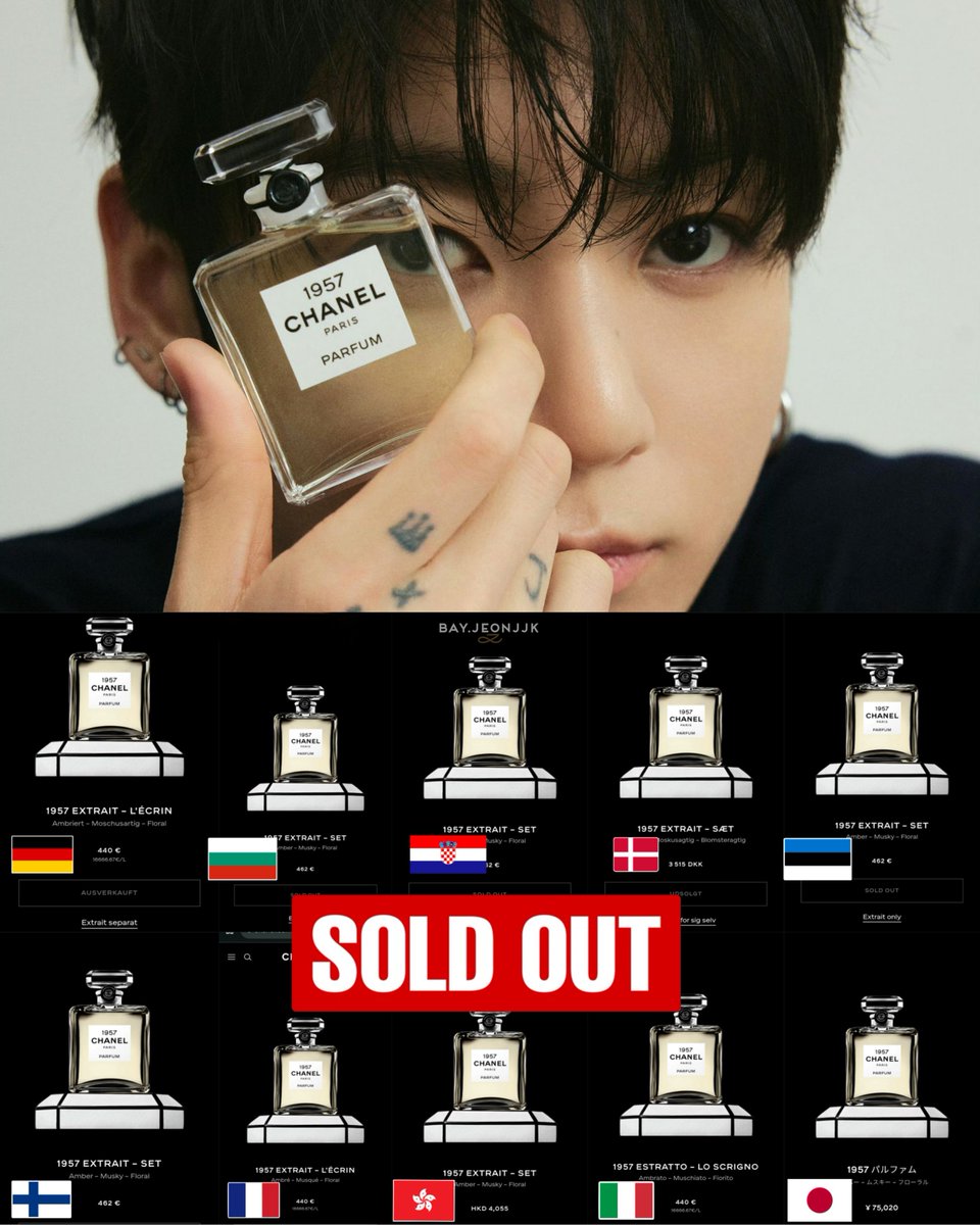 dailyjkpraise's tweet photo. Following Jungkook's campaign for Chanel 1957 L'Extrait, the fragrance is already selling out across multiple official Chanel websites, once again proving his remarkable impact. https://t.co/aKdBtzReFU