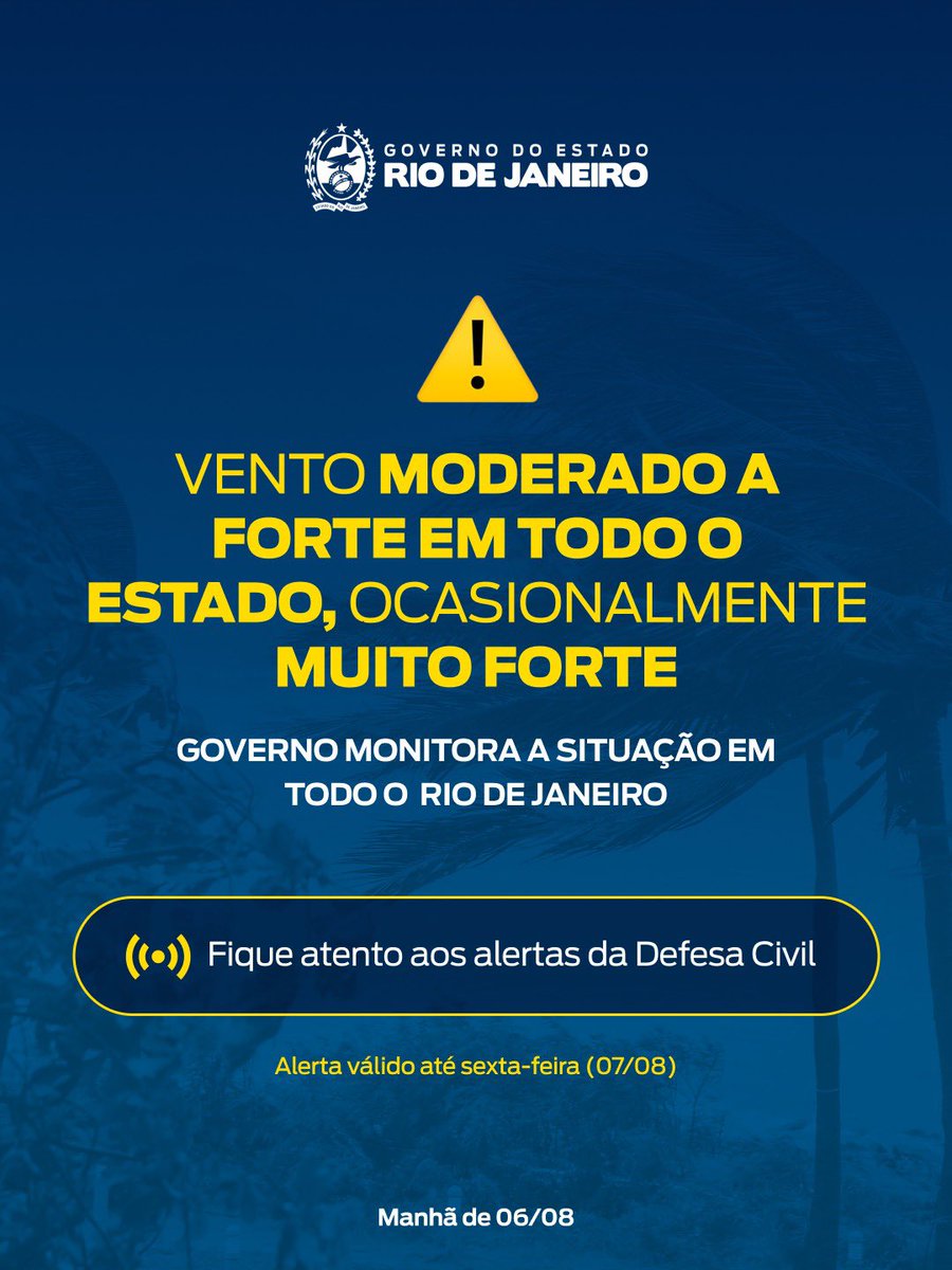 GovRJ's tweet photo. O Governo do Estado acompanha a situação do tempo e dos ventos previstos para atingir todo o estado nesta 5ª feira (06/08). São esperadas chuvas fracas a moderadas, de forma isolada.

Equipes estão mobilizadas para minimizar os impactos.

Fique atento aos canais oficiais. https://t.co/9d95D7URnw