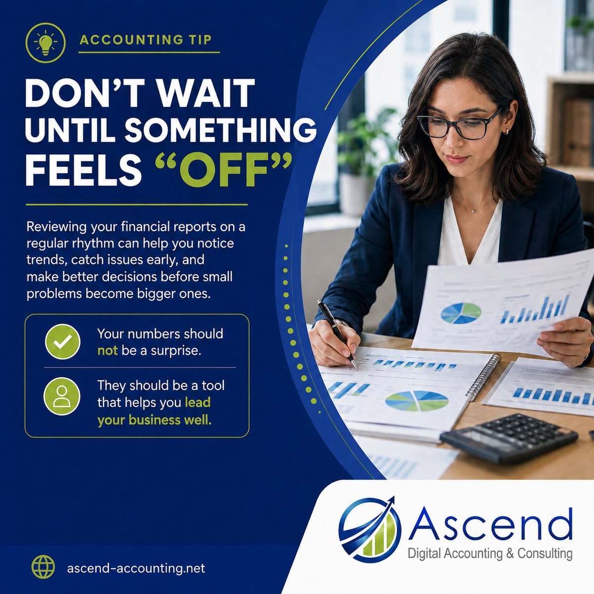 ascend_account's tweet photo. Accounting Tip: Don’t wait until something feels “off” to look at your numbers. Reviewing your financial reports on a regular rhythm can help you notice trends, catch issues early, and make better decisions before small problems become bigger ones. https://t.co/udgu0x1H4k