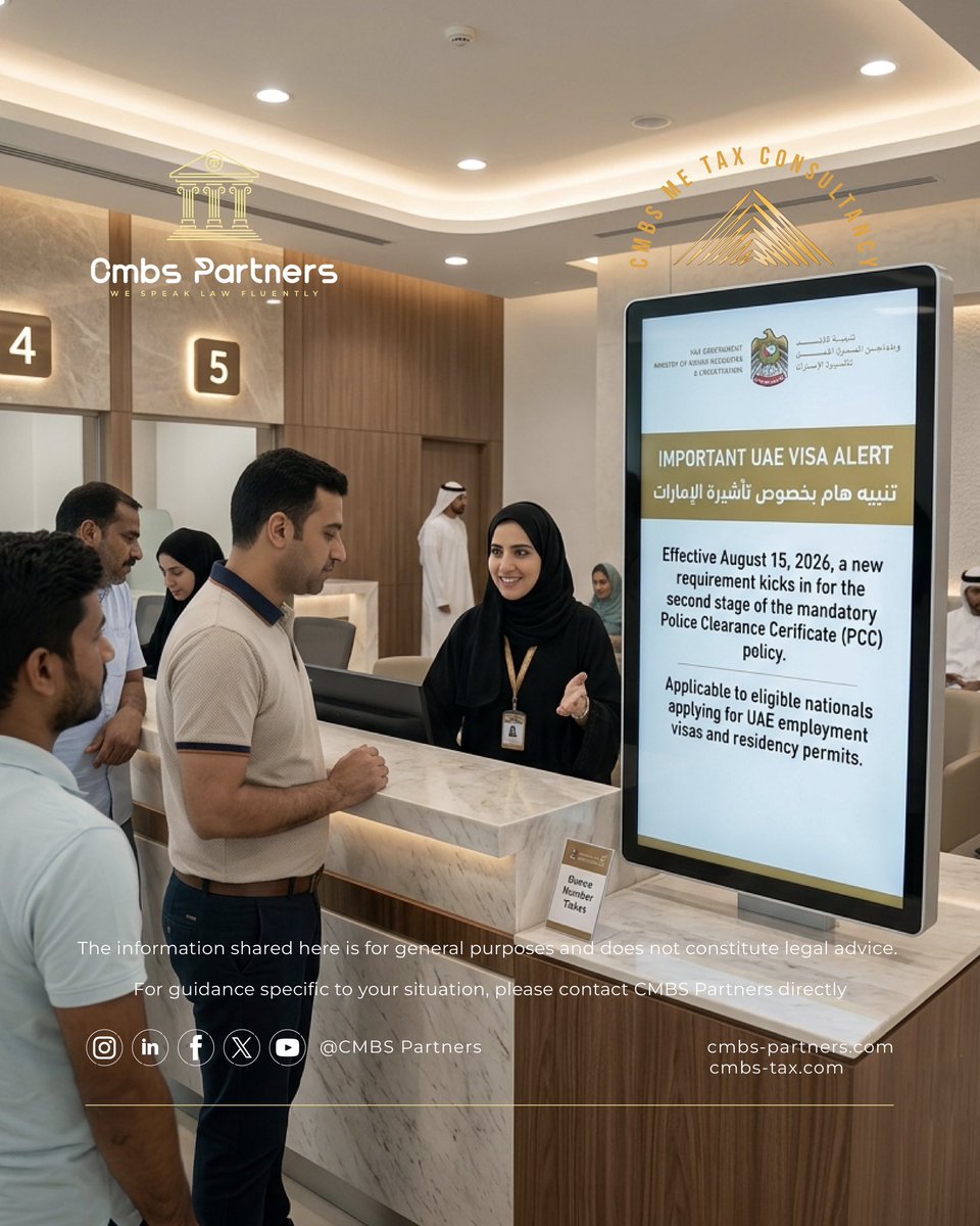 CMBSPartners's tweet photo. Important UAE Visa Alert!!!!

Effective August 15, 2026, a new requirement kicks in for the second stage of the mandatory Police Clearance Certificate (PCC) policy, applicable to eligible nationals applying for UAE employment visas and residency permits.

#UAEVisa https://t.co/m7V0Y9aIEX