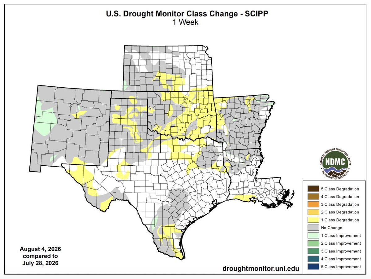 FarmPolicy's tweet photo. 2/2 Changes to #drought conditions in the southern #Plains over the last week: https://t.co/5xaWtyOj2P