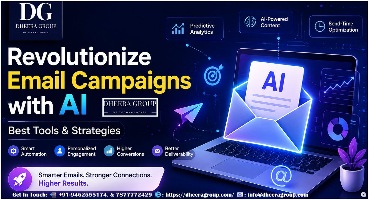dheera_group's tweet photo. Revolutionize email campaigns with AI.  📲 +91-9462555174. &amp; 7877772429 📧: info@dheeragroup.com

🌐: https://t.co/GzPbYTdMTc
#EmailCampaignswithAI #BestTools&amp;Strategies #HigherConversions #traditionalemailcampaigns #DedicatedSMTPServers #EmailCampaignManagement https://t.co/EXnE5Fy22I