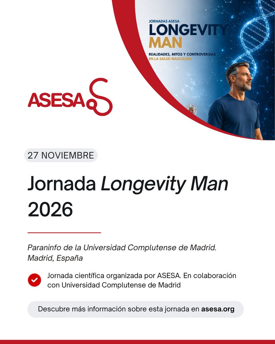 ASESAorg's tweet photo. 📅 Reserva la fecha: 27 de noviembre llega Longevity Man 2026. ASESA organiza, en colaboración con la Universidad Complutense de Madrid, una jornada sobre salud y longevidad masculina. 📍
Paraninfo UCM. Muy pronto: programa e inscripciones.
IG: @asesa_org
#LongevityMan2026 https://t.co/SGHIcfbTMT