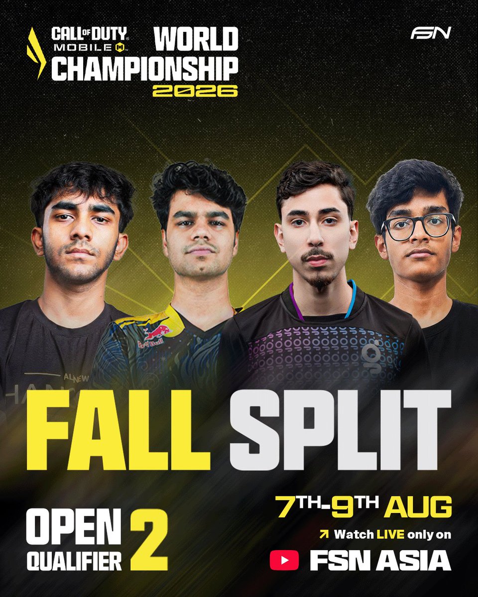 officialfsnasia's tweet photo. ๐ฐ Total Prizepool of $5,000 is on the line!
๐ฅ Get ready for another round of high-octane competition as the Fall Split Open Qualifier 2 goes LIVE from 7thโ9th August!
๐บ Watch all the action Live on FSN Asia YouTube!
#codmchamps26 #codmesports #codmindia https://t.co/pUBmHA8YOn