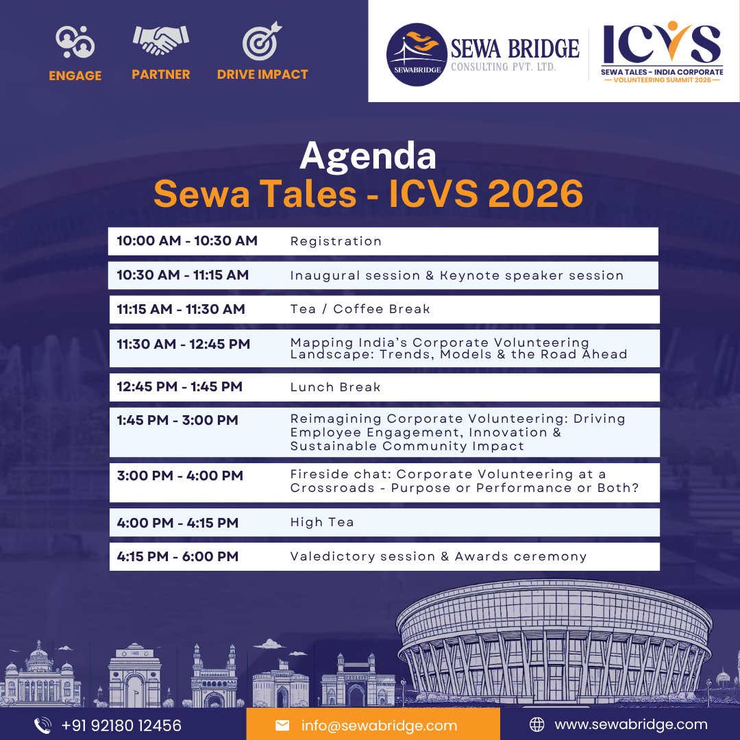 Sewa_Bridge's tweet photo. 𝗔𝗴𝗲𝗻𝗱𝗮 | 𝗦𝗲𝘄𝗮 𝗧𝗮𝗹𝗲𝘀 – 𝗜𝗖𝗩𝗦 𝟮𝟬𝟮𝟲
The agenda is set.

A day of keynote insights, panel discussions, networking, recognition, and conversations on the future of corporate volunteering in India.

📅 7 Aug 2026
📍Bharat Mandapam, New Delhi

#SewaTales #ICVS2026 https://t.co/RoBm41wvx2