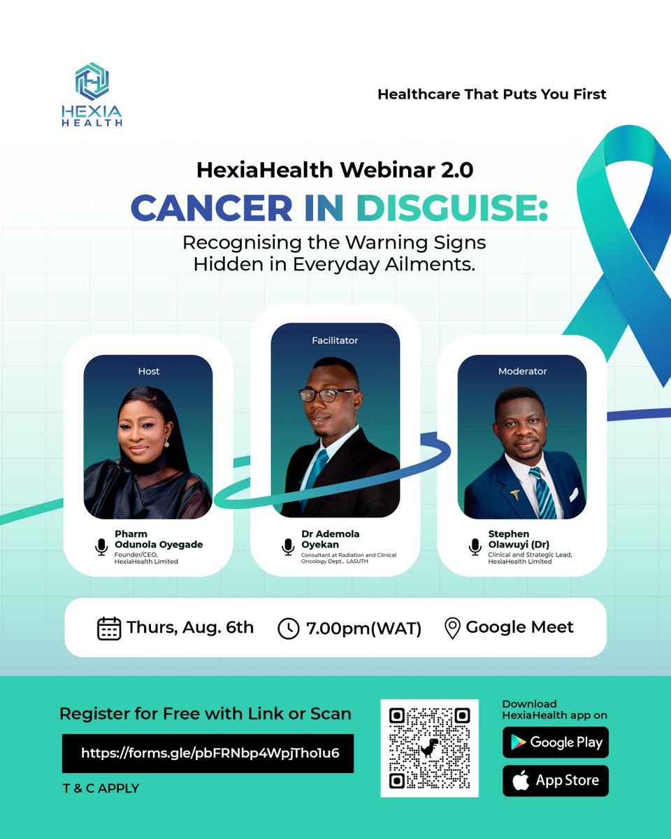 HexiaHealth's tweet photo. HexiaHealth Webinar 2.0 is happening TODAY!!! �� 

Set your alarm and get ready to learn from medical experts on why many cancers are only diagnosed at advanced stages, and how to  detect symptoms early to significantly improve outcomes.

🗓 Date: Thursday, 6th August, 2026 https://t.co/7nEjONqcxh