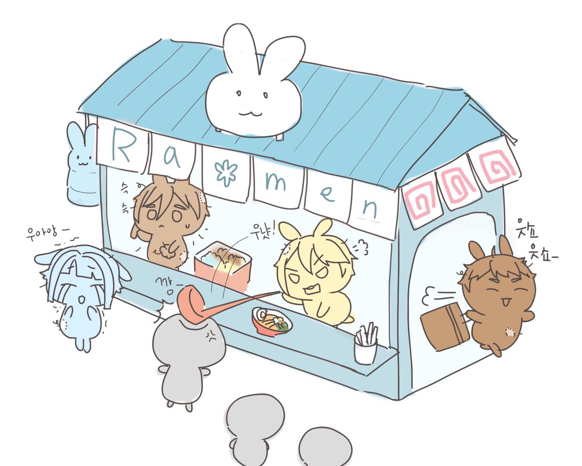 popnitopop's tweet photo. 라빗츠 Ra*멘집 

다들 털 모으느라 몸에 땜빵남 
털 뽑히기 담당 토모야 라멘 배달 미츠루 
참고로 쯔루가 배달한 라멘 포장 다 새서 
털 두 배 이벤트 열기로 했다네요 🙏 https://t.co/j9Ifd5Wh9A
