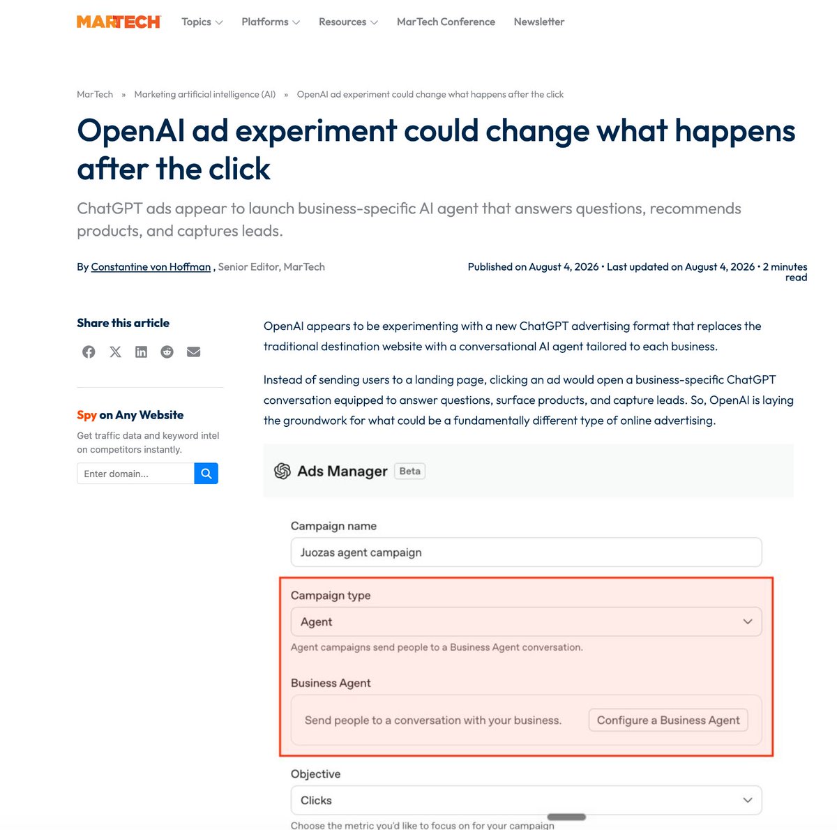 NickMasters83's tweet photo. [NEW] Things are changing in the AdTech space...quickly.  

OpenAI is testing an ad format in ChatGPT where the click does not take you to a website.

It opens a business-specific agent! ChatGPT crawls your site and auto-builds a profile of your business, common customer questions, support info, general context. You configure an agent on top of that with custom instructions, product feeds, MCP connections for live business data, and your own lead capture forms. Campaigns run against the agent. It is in Ads Manager now for a limited set of advertisers.

Digital advertising has run on the same architecture since the first banner. Buy attention, send the click somewhere you control, let the page do the convincing. The landing page of a company's website has been the most focused marketing asset for decades. 

This removes the page.

This strategy moves from copy to context. What your agent knows about your pricing logic, your objections, your inventory, is what performs. Companies with clean product data and sharp positioning will look like better advertisers than companies with better designers.

Marketers...what do you think about this approach? Does this take your expertise and creative skill away?