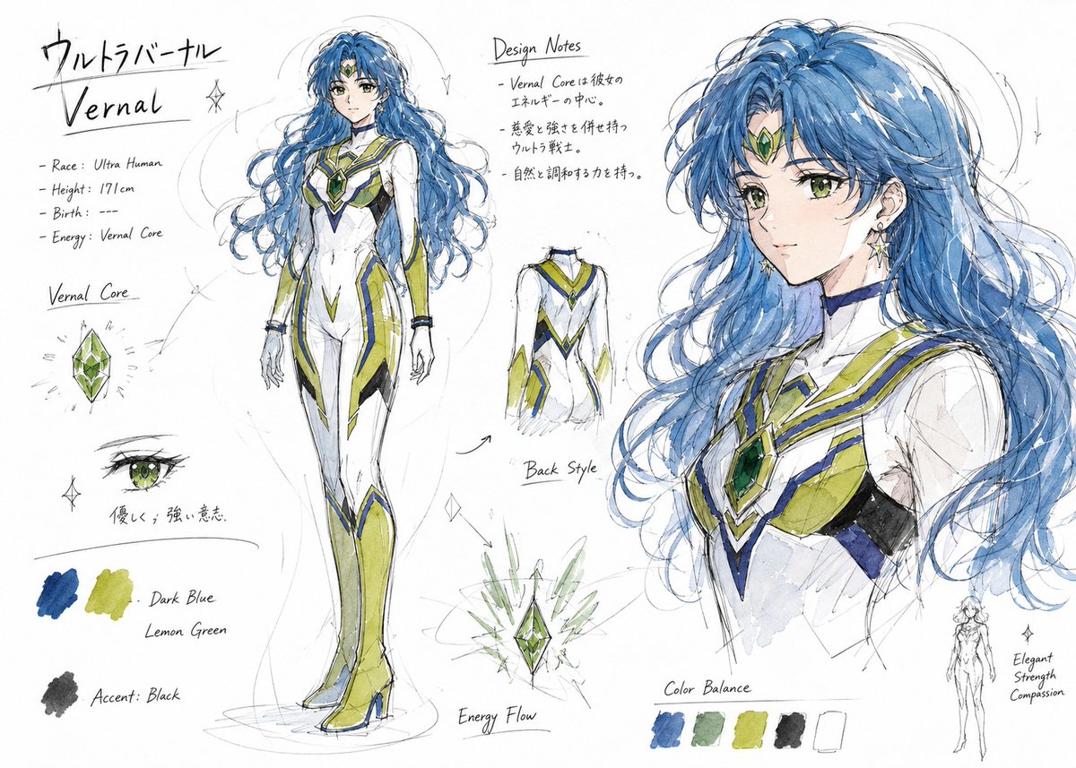 SailorVernal's tweet photo. 這是 @TINGKAIHUANG3  製作的概念草圖，還有我自己額外追加生成的圖片喔～ 之後也該找個機會，讓 Ultra Vernal 登場一下了吧～ https://t.co/u6pEPPb3nk