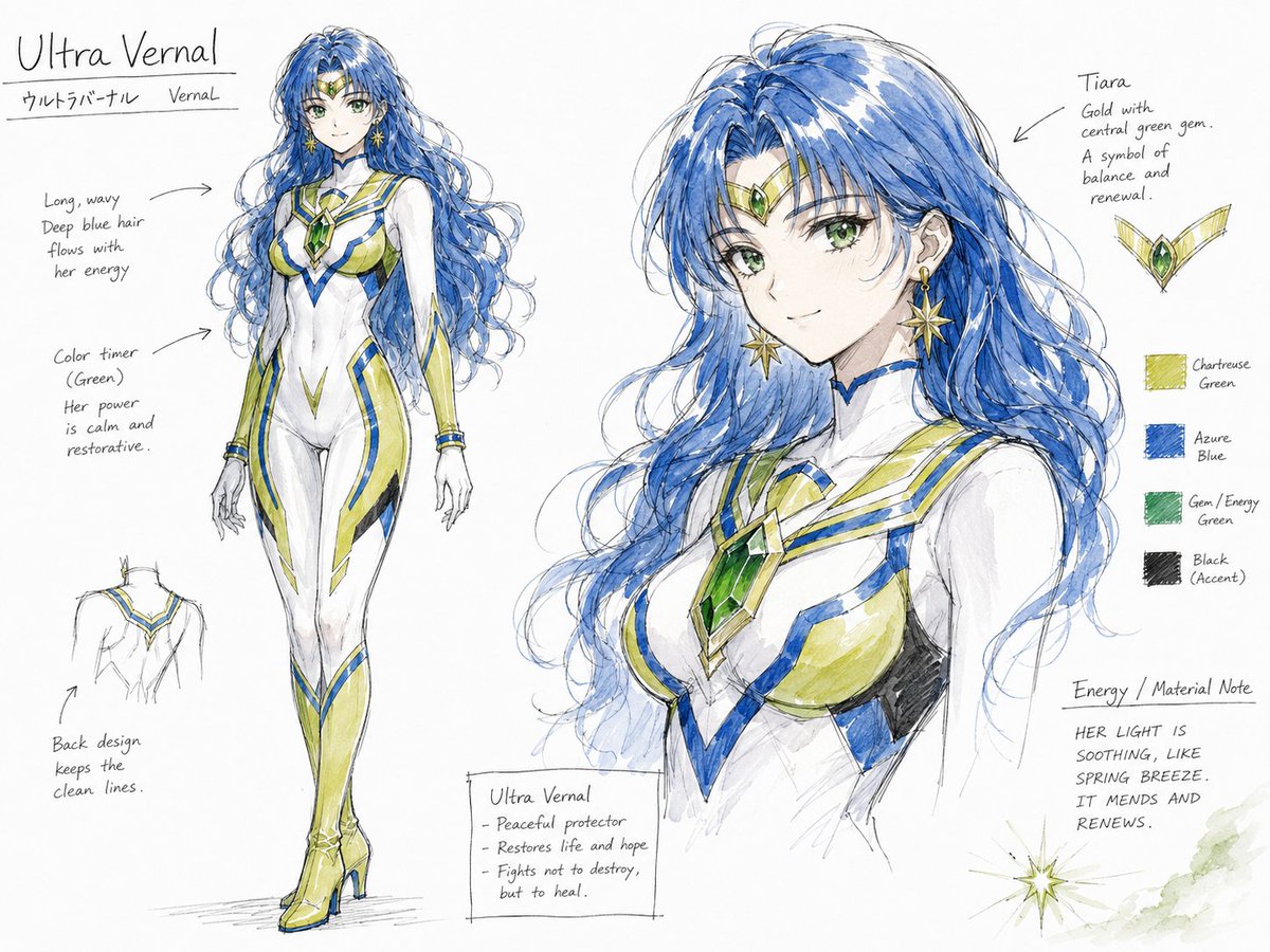 SailorVernal's tweet photo. 這是 @TINGKAIHUANG3  製作的概念草圖，還有我自己額外追加生成的圖片喔～ 之後也該找個機會，讓 Ultra Vernal 登場一下了吧～ https://t.co/u6pEPPb3nk
