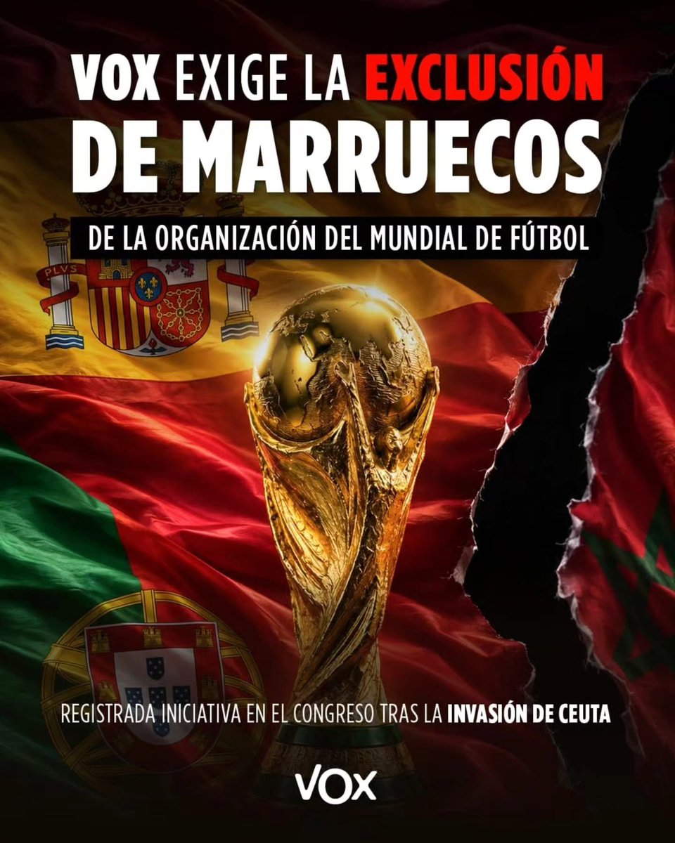 TasendeMiguel's tweet photo. ¡NI UNA HUMILLACIÓN MÁS!
#VOX #SoloQuedaVOX #VOXMelilla #ciudadautonomademelilla #NiUnaHumillacionMas #españa #portugal #futbol #exclusion #murruecos #Mundial2030 https://t.co/zMDIV8BrJc