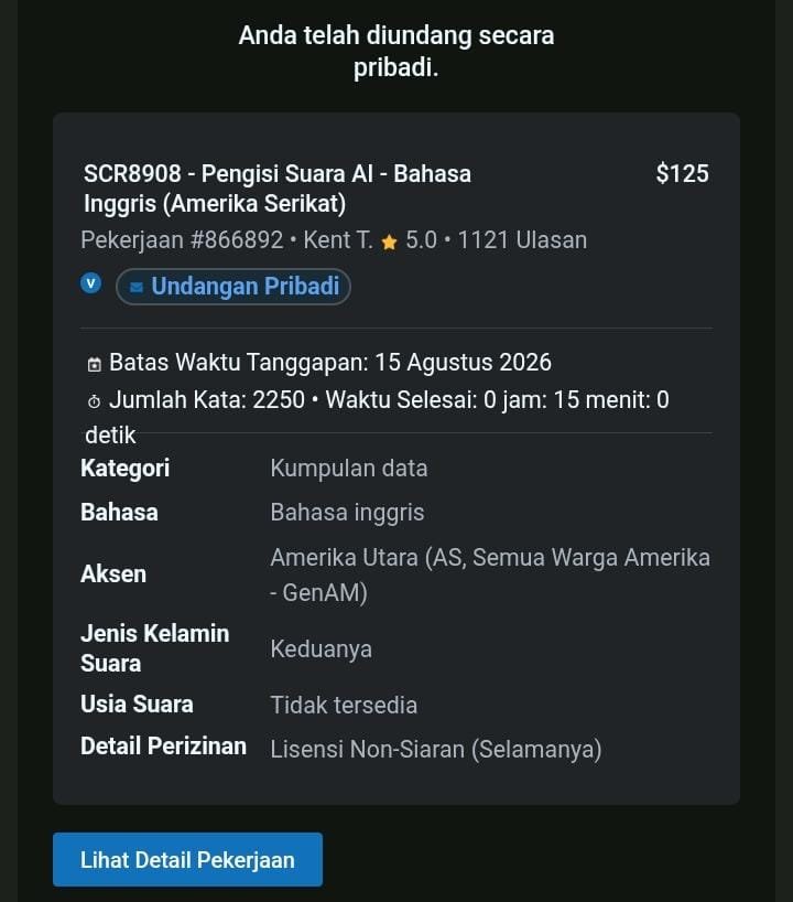 bimnttsion's tweet photo. Di-invite project audio mulu 😭 Padahal tiap lihat project kek gini tuh udah langsung pasrah, soalnya emang bukan bidang aku 

So udah tahu lah endingnya gimana. Tapi pas liat angka $125 jdi pencet apply jg 👀
#freelance https://t.co/Cco1Rc1Wus