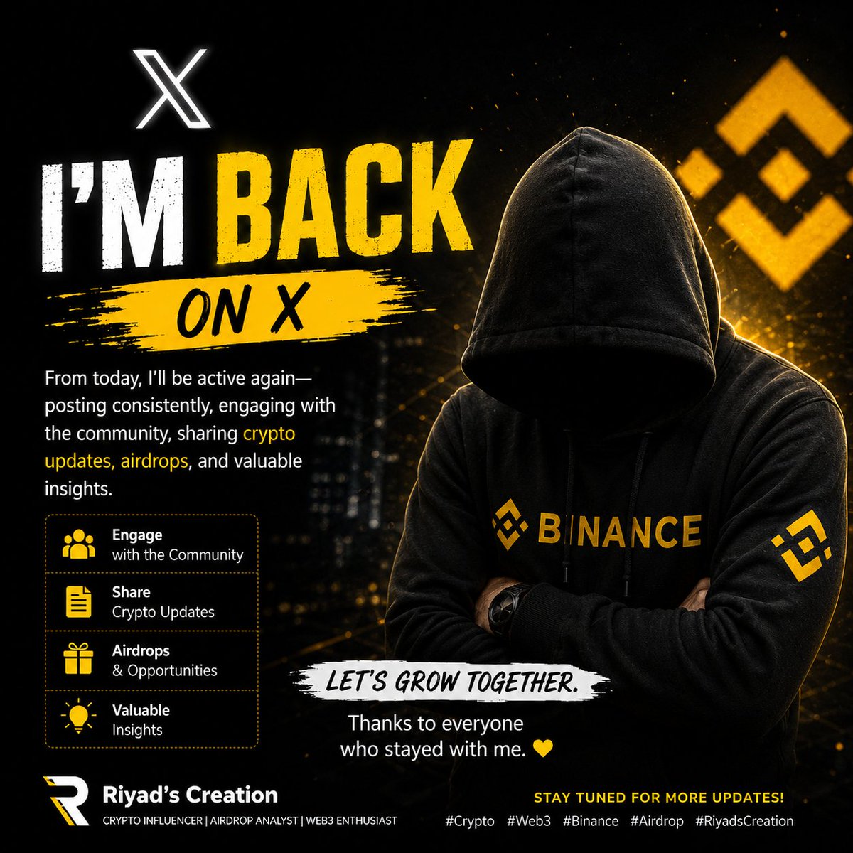 riyadrafi50's tweet photo. I'm back on X.

From today, I'll be active again posting consistently, engaging with the community, sharing crypto updates, airdrops, and valuable insights.

Let's grow together. Thanks to everyone who stayed with me.

#Crypto #Web3 #Binance #Airdrop #RiyadsCreation https://t.co/iZe5mAPgpA