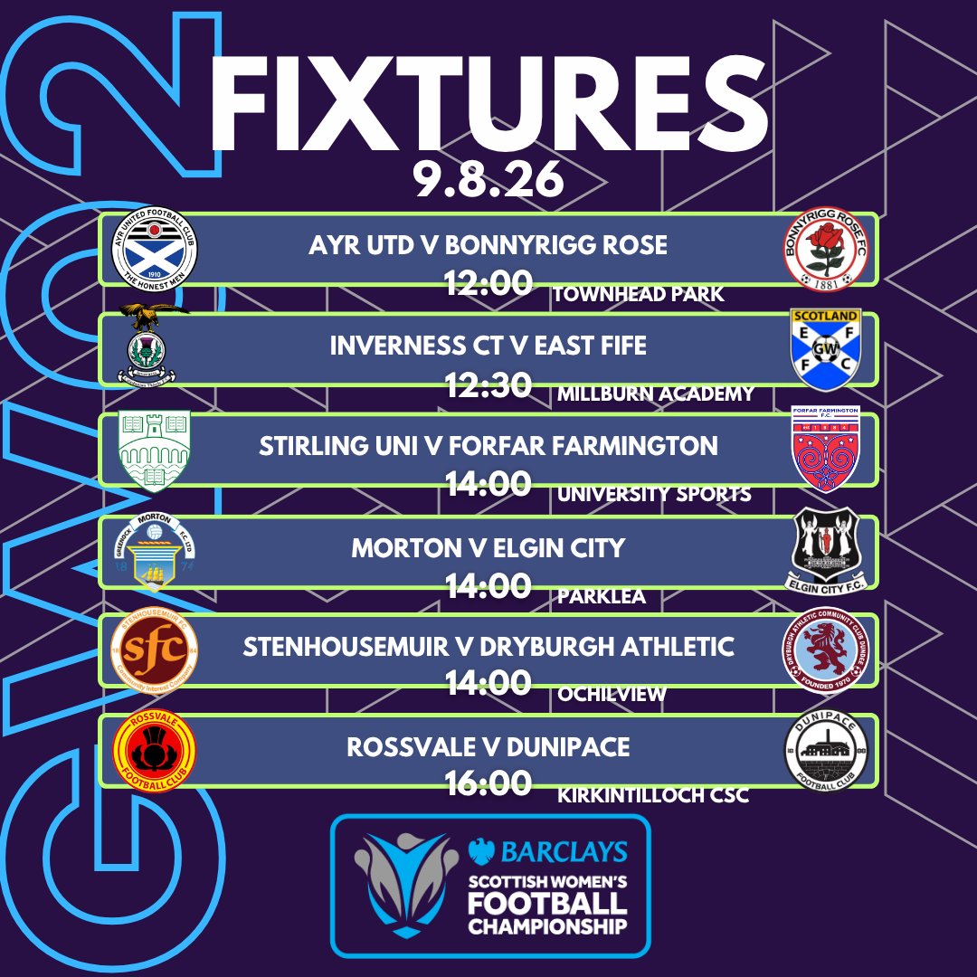 SWFChampionship's tweet photo. FIXTURES | GW 2️⃣
Of the five sides to record opening day victories in the Barclays Championship, East Fife, Elgin City and Dryburgh are on the road, while Inverness Caley Thistle and Stirling Uni are at home on Sunday for matchday two. #BeTheDifference https://t.co/RN1lvW8Tdv
