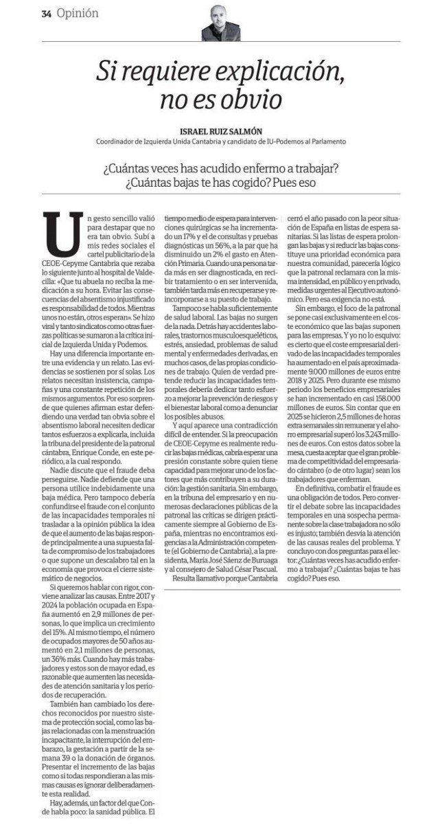 IsraenCantabria's tweet photo. ¿Cuántas veces has acudido enfermo a trabajar? ¿Cuántas veces te han dado una baja? Pues eso.

Me publican en @dmontanes una reflexión sobre las causas de las incapacidades temporales y sus repercusiones, tras la desafortunada campaña de la CEOE-CEPYME.
 https://t.co/B4IZIjQA38 https://t.co/Jh7xjIsm51
