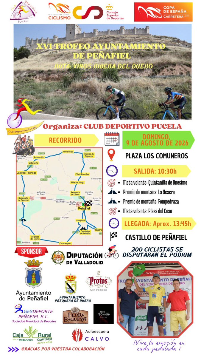 Dip_Va's tweet photo. 🚴 El diputado @javiglezvega y la diputada @Yolanda_Burgoa, junto a representantes del Club Deportivo Pucela y del Ayuntamiento de Peñafiel, han presentado el XVI Trofeo Ayuntamiento de Peñafiel.

🏆 La prueba, puntuable para la Copa de España Junior de Ruta, reunirá a 180 corredores y volverá a situar a Peñafiel como referente del ciclismo base nacional.

🔗 https://t.co/fqa3kQ1Gfu