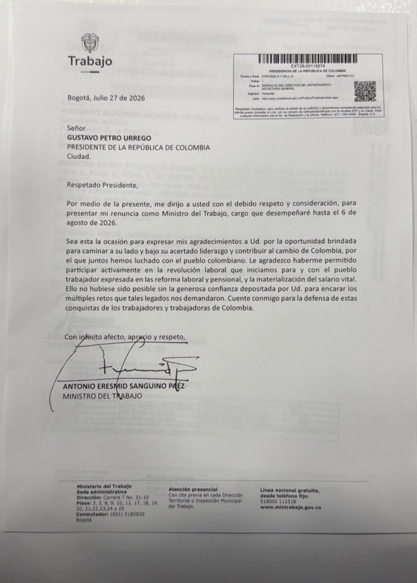 AntonioSanguino's tweet photo. Con mis infinitos agradecimientos al Presidente y compañero @petrogustavo le presento mi renuncia como Ministro del Trabajo, cargo en el que estaré junto a El hasta hoy 6 de agosto a las 12 pm. 

Haber hecho parte del Gobierno del Cambio y bajo el liderazgo del Presidente Petro, participar en la revolución laboral que iniciamos junto al pueblo trabajador de Colombia. La reforma laboral, el salario vital, la reforma pensional y la reorientación de la inspección laboral hacia la protección de derechos laborales, son legados que defenderemos con la movilización social y popular. En nombre mío, de mi familia y del pueblo trabajador, GRACIAS, Presidente Petro!