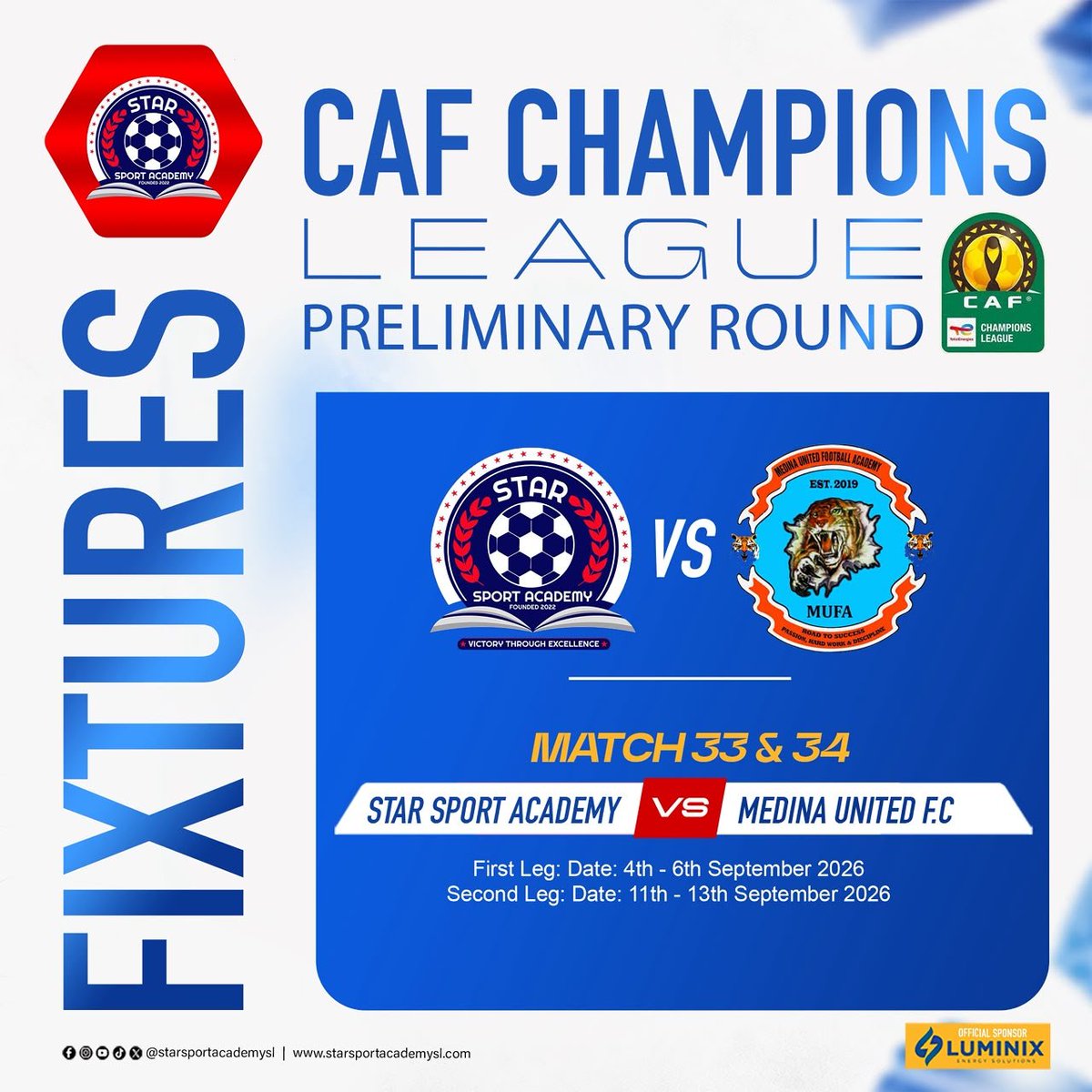 StarSport232's tweet photo. Star Sport Academy is set to make history with its debut in the CAF Champions League, facing Gambian opponent Medina United after Thursday's preliminary round draw in Cairo, Egypt.

#StarSportAcademy #Debutant #WeGrowTogether #InterClubCompetition #VictoryThroughExcellence https://t.co/k7vJx60uCd