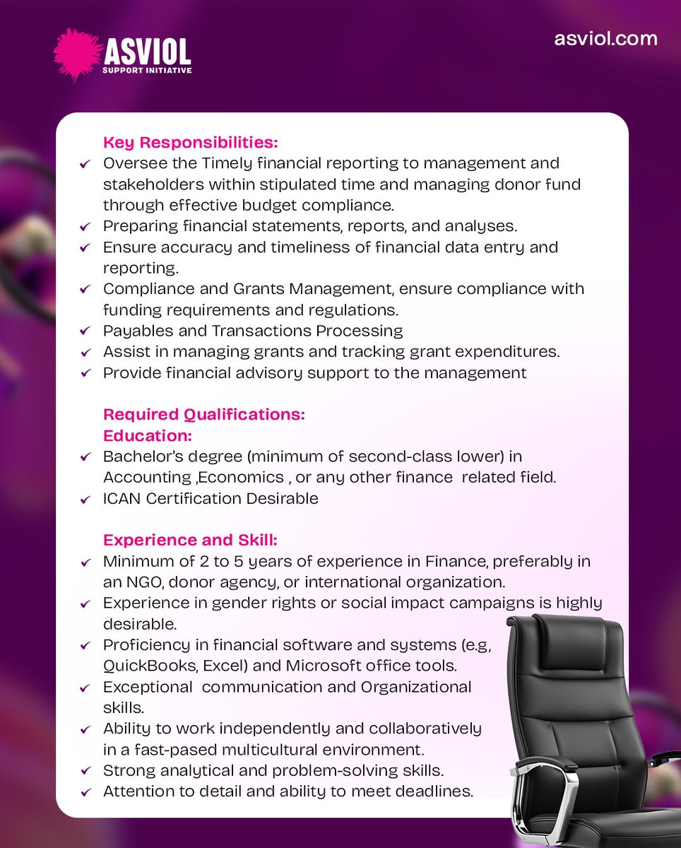 ASVIOLNg's tweet photo. We're Hiring: Finance and Compliance Officer!
ASVIOL Support Initiative is looking for a detail-oriented Finance and Compliance Officer to join our finance team in Abuja (Hybrid). 

In this role, you'll oversee financial reporting, budgeting, and donor fund compliance. https://t.co/Z3Lvbn5OPc