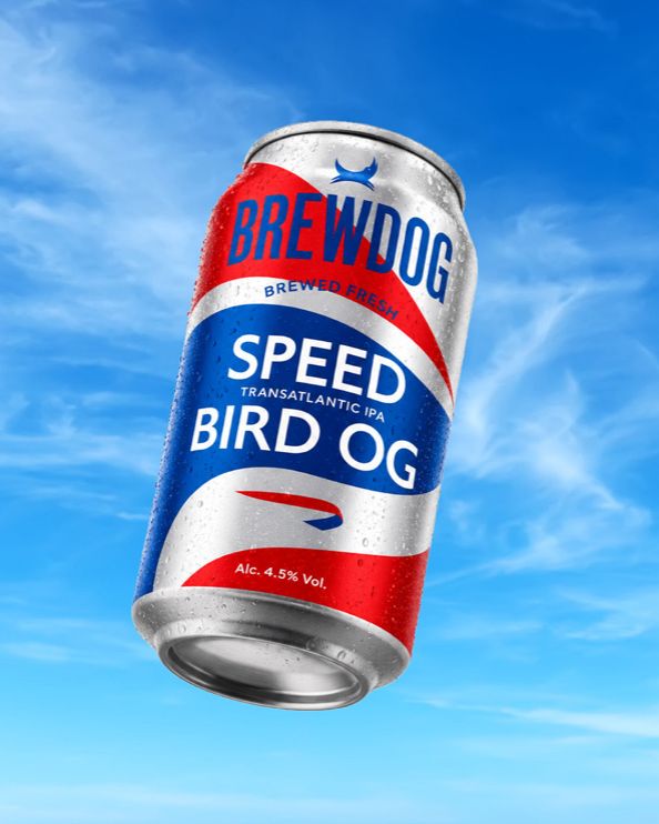 BrewDog's tweet photo. Our collaboration with British Airways is ready to take off again with a fresh can design and the same delicious liquid.

A citrus aroma with orange upfront, Speedbird OG is a hoppy IPA best enjoyed at all altitudes.

On all long-haul flights &amp; right here: https://t.co/wh3gBiTp3d https://t.co/X8CeNJ4a2M