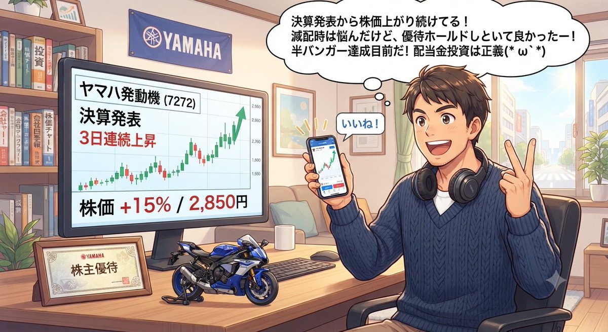 2017_per's tweet photo. そういえば
ヤマハ発動機の決算が発表されましたが
今日も株価が上がり続けて
持ち株が半バンガーになりそうです✨
一時は株価が低迷し続けて
売ることも検討していたのですが
株主優待があるので売らなかったんですよね
あらためて売らなくて良かったって思いますよ
配当金投資は正義だね(*´ω｀*) https://t.co/CcubByxpQX