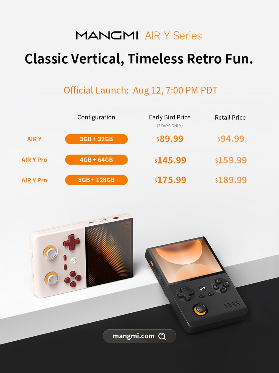 MANGMI_Official's tweet photo. AIR Y Series Official Launch & Early Bird Pricing Announced!
🔥Early Bird Offer — 3 DAYS ONLY! Starting at $89.99
📷Sales Open: Aug12 at 7:00 PM PDT
Don't miss out on the best deal during the first 3 days!
https://t.co/d3RP2llJUg
#MANGMI #AIRY #AIRYPro https://t.co/YoGNL40dI9
