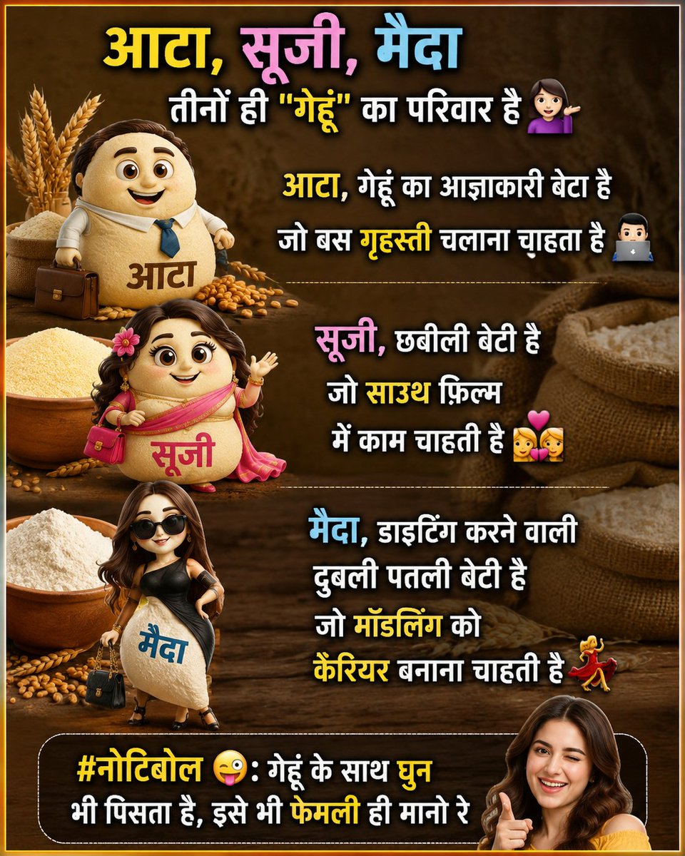 Gul363753611's tweet photo. आटा: The Real King 👑 
सुबह सबकी नज़र आटा पर 

आटा #Compulsory Subject  *24/7 ड्यूटी नाश्ता,लंच, डिनर..

 मैदा/सूजी उसी से बनी हैं। #DNA ही आटा का है 😂

मैदा : पिज़्ज़ा बना के attitude दिखाए,🍕
सूजी : हलवा बना के नाच दिखाए,💃

#नोटिबोल 😜 पर रात को रोटी देगा #King आटा 👑 https://t.co/nbVlPnDWe9