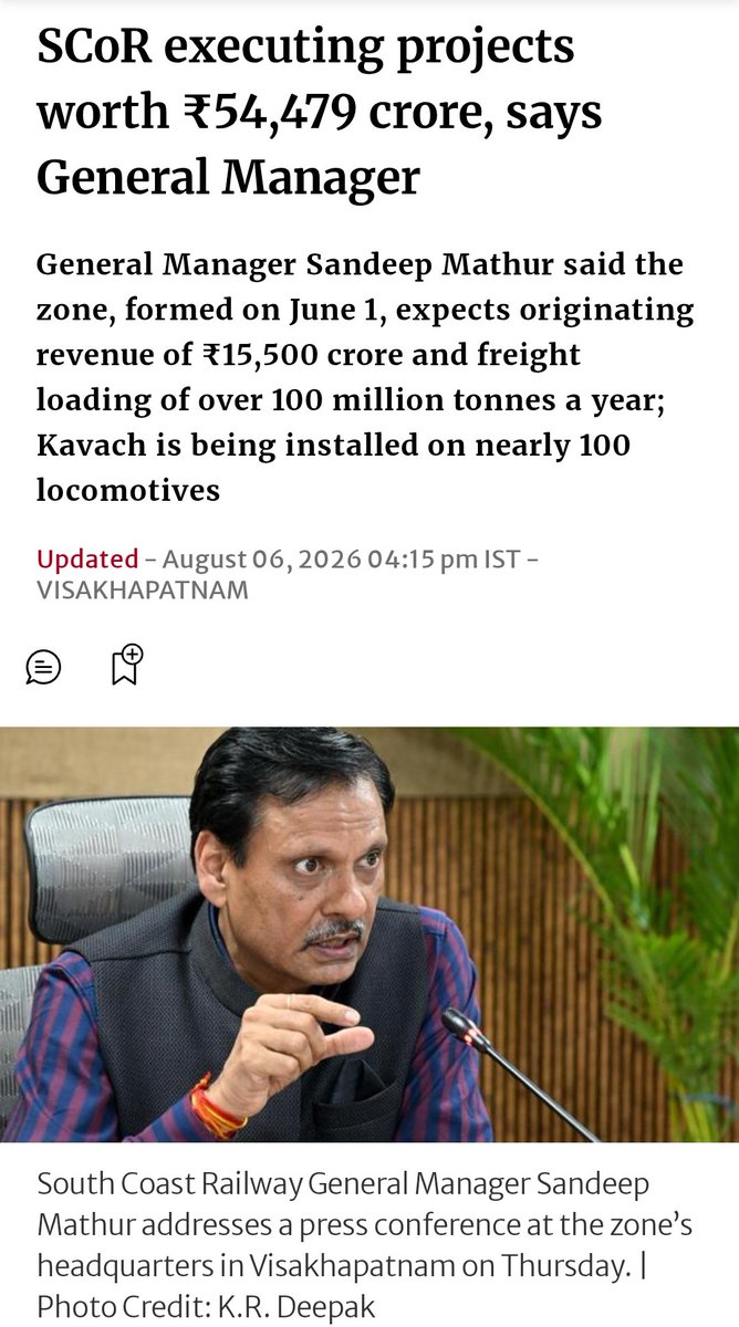 SCoRAILWAYVSKP's tweet photo. The South Coast Railway (SCoR) zone is executing five new line projects and 24 multi-tracking works worth about ₹54,479 crore, General Manager Sandeep Mathur said on Thursday (August 6, 2026), two months after the zone was formed.
#IndianRailways
@RailMinIndia
@DRMVSKPSCoR
@drmgtl
@drmgnt
@drmvijayawada
