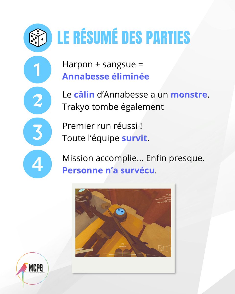 MCPGfr's tweet photo. 🎥 Retour sur notre soirée Content Warning !

💀 4 parties
 👻 5 morts
 🤗 1 câlin à un monstre (à éviter 😅)
 🏆 1 survie complète

Entre harpon, sangsue et monstres, les fous rires étaient au rendez-vous.  💙

#AssociationMCPG #ContentWarning #Gaming https://t.co/gDf321VYCg