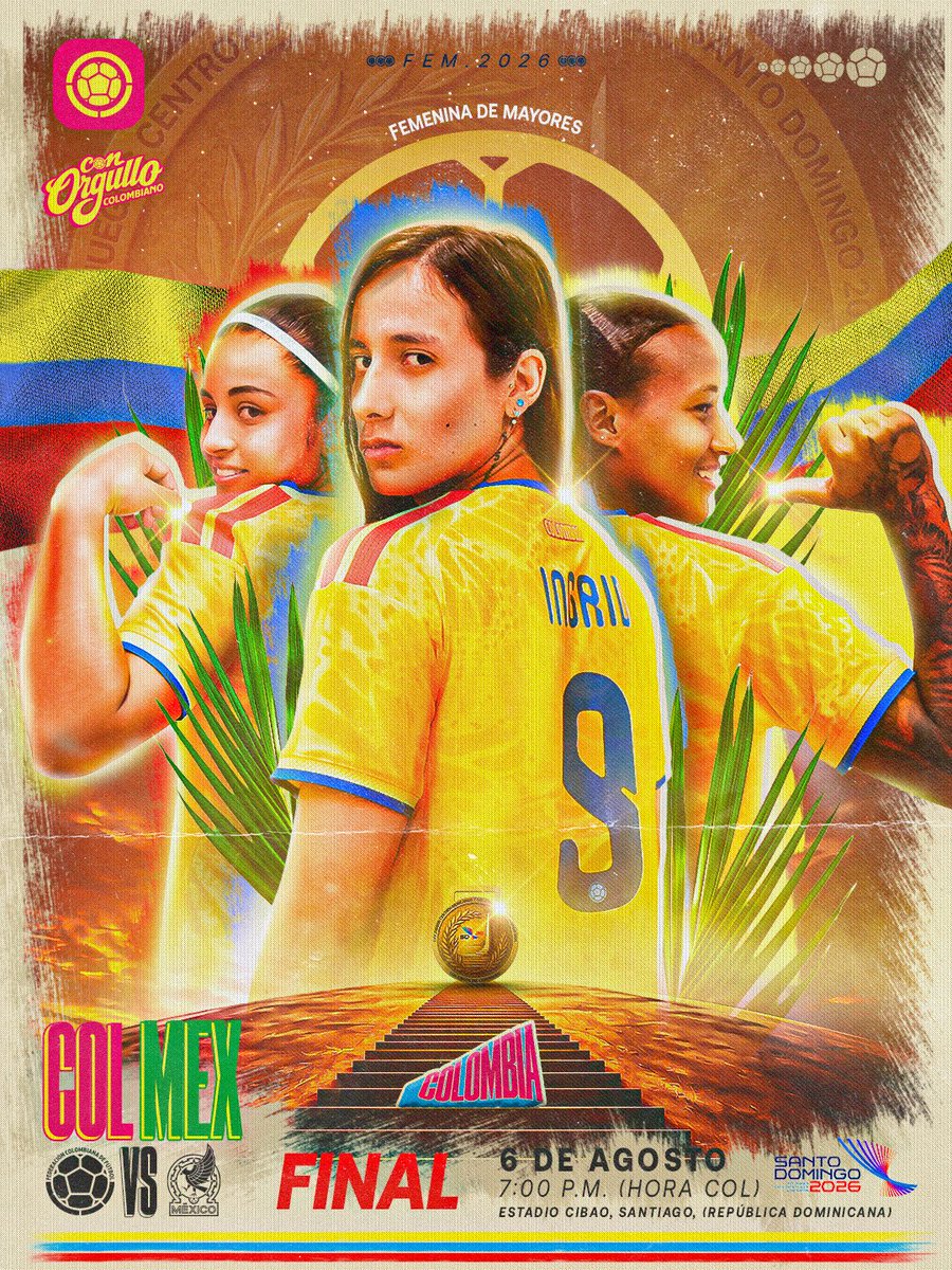 FCFSeleccionCol's tweet photo. ¡𝑯𝒐𝒚 𝒆𝒔 𝒅𝒊́𝒂 𝒅𝒆 𝑭𝑰𝑵𝑨𝑳 𝒑𝒂𝒓𝒂 𝑪𝑶𝑳𝑶𝑴𝑩𝑰𝑨! 😍🫶

🆚 🇲🇽
🗓️ Jueves 6 de agosto
🕞 7:00 pm (hora COL)
🏟️Estadio Cibao, Santiago, (República Dominicana)
🏆 XXV Juegos Centroamericanos y del Caribe 2026

#ConOrgulloColombiano🇨🇴 https://t.co/hARj07xq6Q