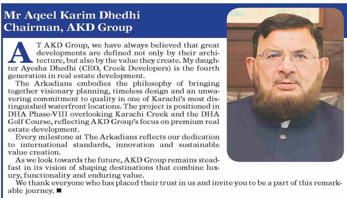 AKDofficial's tweet photo. Mr. Aqeel Karim Dhedhi’s vision for AKD Group transcends ambition—driving excellence, innovation, and timeless luxury through iconic developments.
Recognized by Dawn, AKD Group continues to redefine modern living and shape the future of Pakistan’s real estate landscape. https://t.co/Wtoyfzi1bj