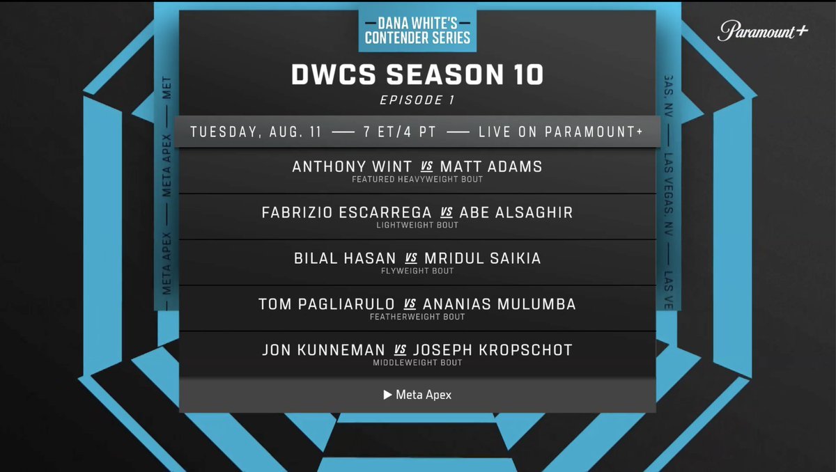 MMA__Matchmaker's tweet photo. DWCS x THE MATCHMAKER
Fighters bios + Predictions
Week 1

DWCS is back, and the search for the next wave of UFC talent begins once again. I dove deep into my research to find you the most interesting information about the fighters in action Tuesday, as well as my predictions for the five fights of the night.

With that in mind, let's take a look at Week 1 of DWCS, featuring five matchups and several prospects looking to make their case for a UFC contract.

#UFC #MMA #DWCS