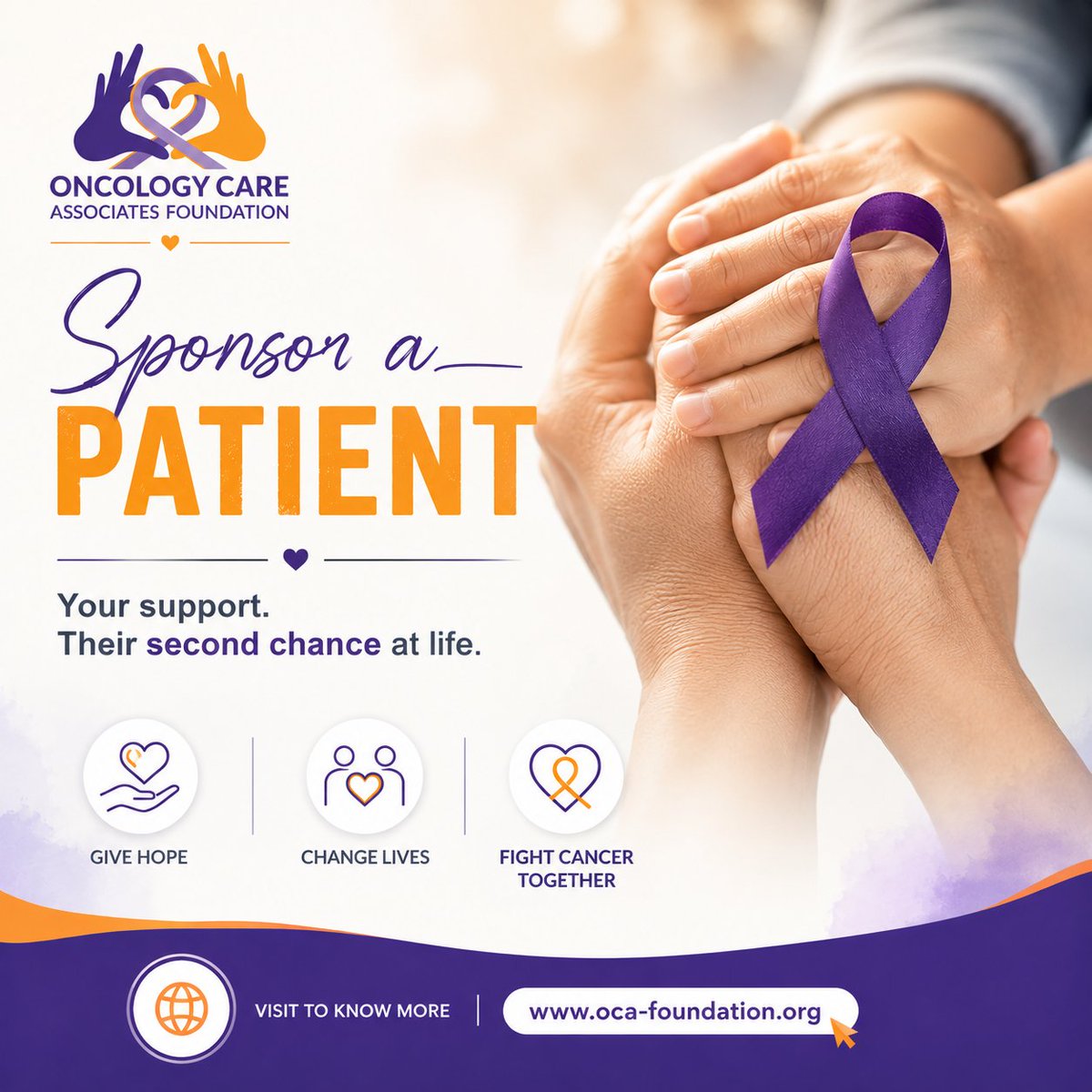 OCA_Foundation's tweet photo. Every act of kindness matters. By sponsoring a cancer patient, you're helping provide access to treatment, care, and hope for a brighter tomorrow.

💜 Join us: https://t.co/Nbyx0HMyE4

#FightCancer #SponsorAPatient #Hope #CancerAwareness https://t.co/wagT3b8b7Z