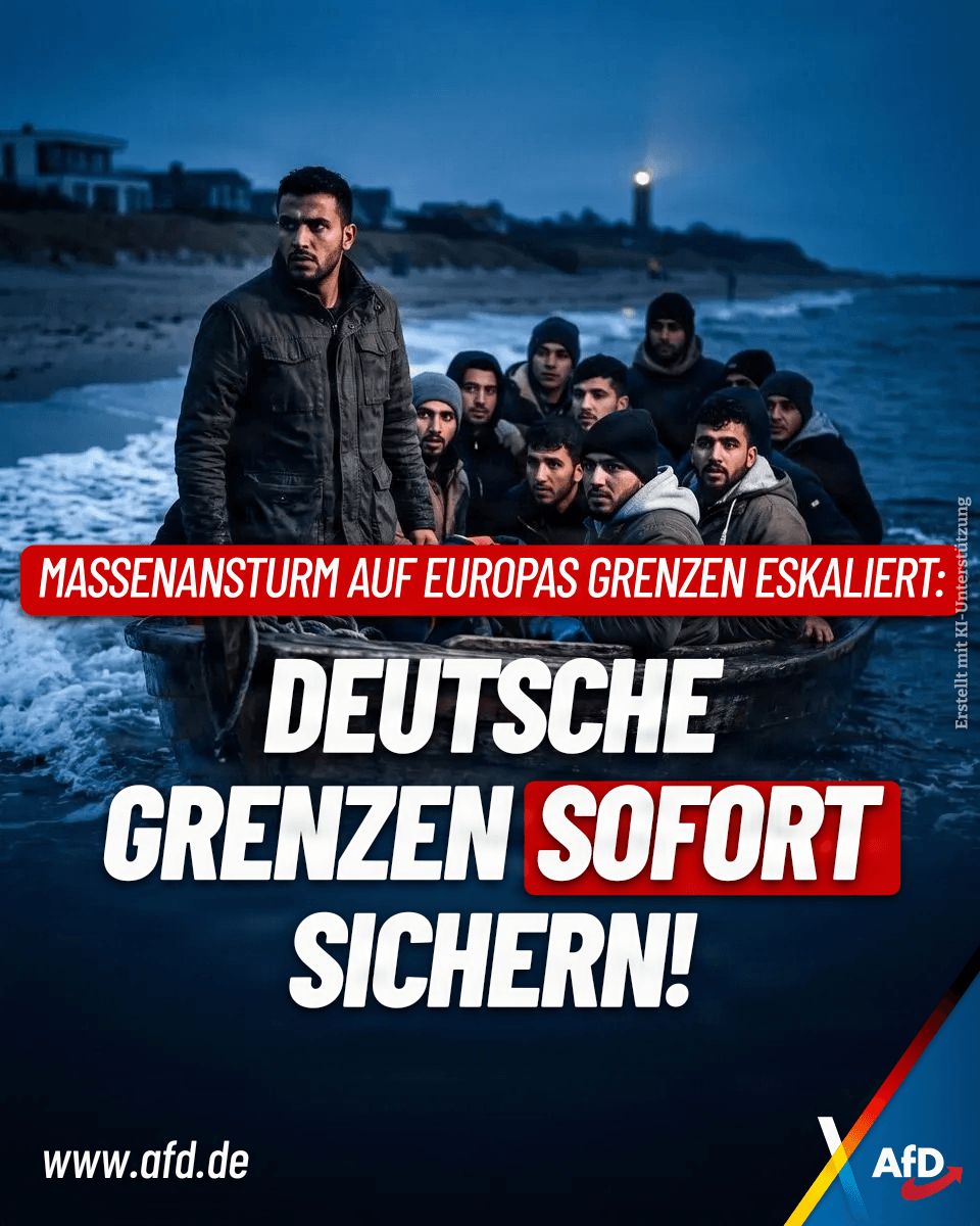 AfD's tweet photo. Während Spaniens Regierung Entwarnung heuchelt, sitzen in Ceuta Tausende Illegale fest. Schleuser bringen sie per Jetski aufs Festland – und von dort geht die Reise weiter nach Deutschland. Wir fordern das sofortige Ende der offenen Grenzen! https://t.co/eYhBQMfB4r