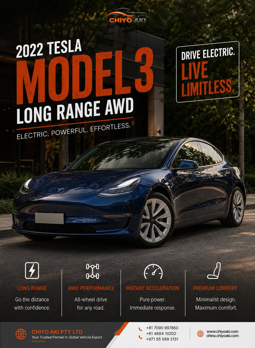 chiyoakihub's tweet photo. 2022 TESLA MODEL 3 LONG RANGE AWD
PURE ELECTRIC. PURE EXCITEMENT.
#ChiyoAki #ChiyoAkiPtyLtd #Tesla #TeslaModel3 #Model3LongRange #ElectricSedan #DualMotorAWD #PerformanceEV #RightHandDrive #ElectricMobility #PremiumEV #DriveElectric #TeslaLife #FutureOfDriving #Innovation https://t.co/JyvIVU9lzr