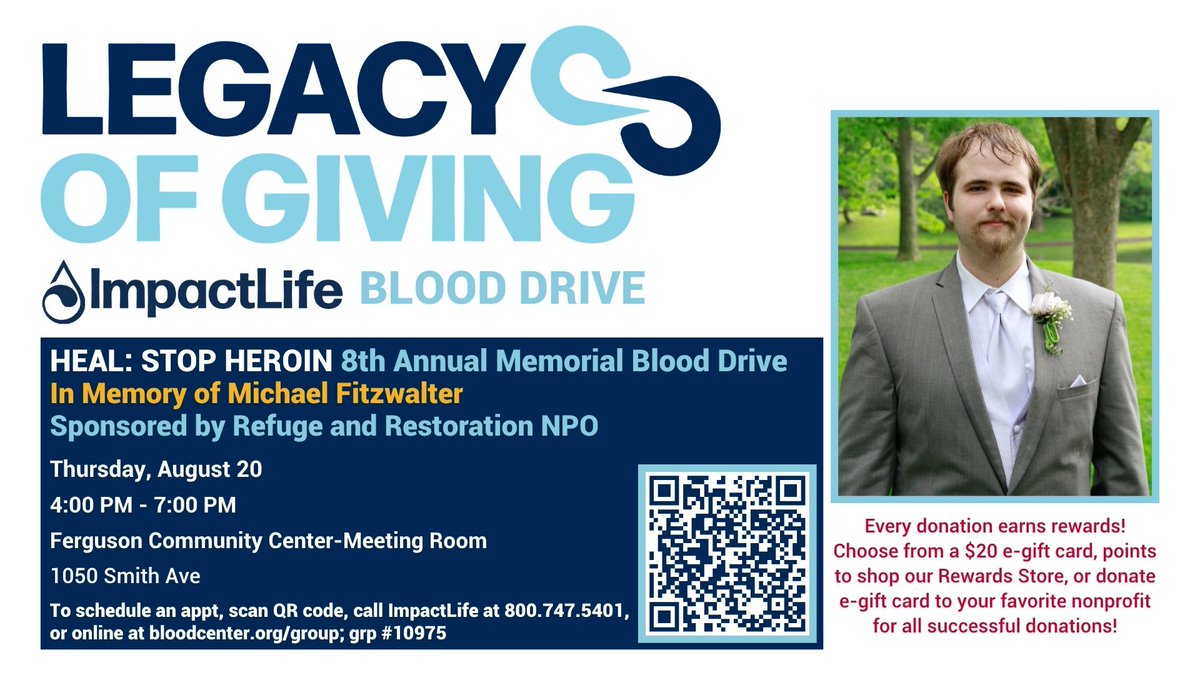 healstopheroin's tweet photo. 🩸 Help us honor Michael Fitzwalter by giving the gift of life. Join H.E.A.L.: STOP HEROIN for our 8th Annual Memorial Blood Drive on Aug. 20, 4–7 PM at the Ferguson Community Center. Every donation saves lives. ❤️ #DonateBlood #LegacyOfGiving #HEALStopHeroin https://t.co/CFZClCXlWw