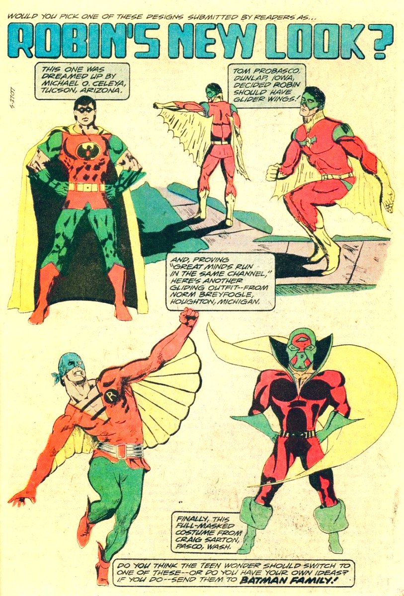 Charlton_Hero's tweet photo. #Robin’s costume was always a point of contentious debate over the years! Here are some pitches on fan designed updates to the boy wonders attire. Future #Batman artists extraordinaire #NormBreyfogle even took a swing at bat! Do you like any of these designs? https://t.co/HOGNmzC51B