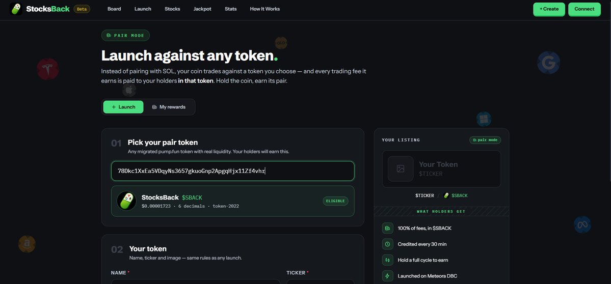 StocksBack's tweet photo. Imagine launching a token, but instead of the pair being Solana, it could be a memecoin like $ansem.

With Stocksback, you will be able to do that with the next update.

Launch a token with our launchpad where the pair can be any @pumpfun token. Every buy on your token buys the paired token, and holders get their fees in the paired token.

A full flywheel.

Coming soon.