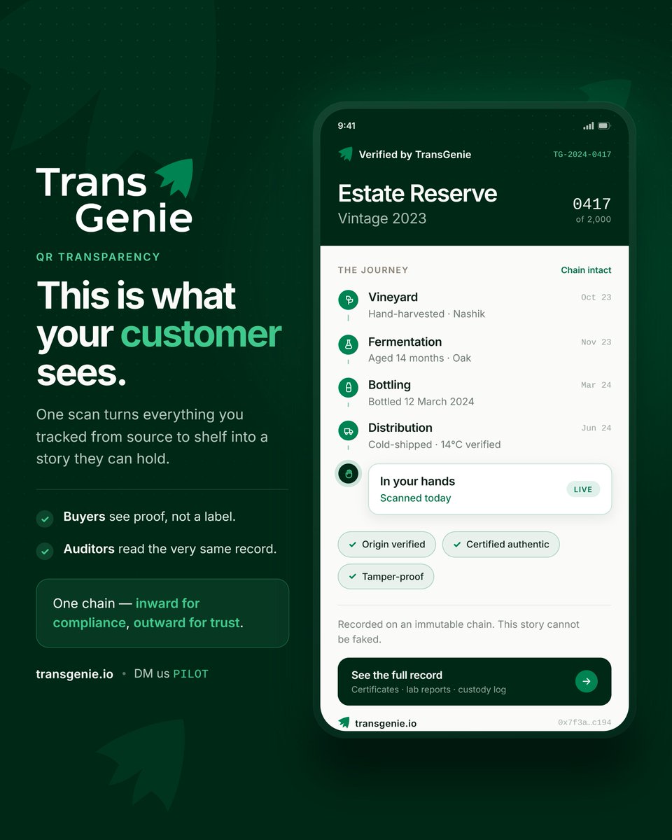transgenieio's tweet photo. The best brands don't ask customers to trust them.

They give them proof.

One scan. One verified journey. Complete transparency from source to shelf.

#Traceability #FoodTech #SupplyChain #Provenance https://t.co/SHcJyrDytD