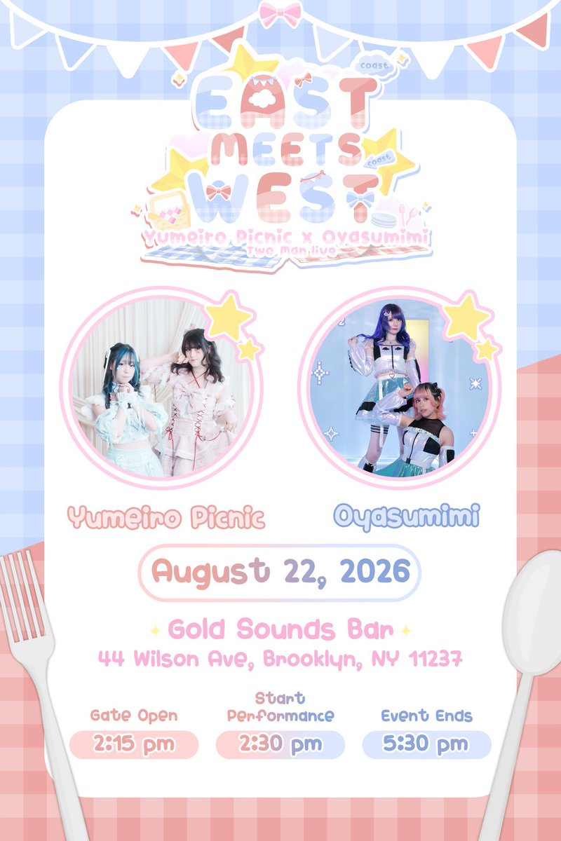 wsfrontieres's tweet photo. ICYMI: Tickets are now on sale for EAST COAST MEETS WEST COAST. Limited VIP tickets are also available!

With good company, every day can be a sweet dream!

Wota Sans Frontieres presents… EAST COAST MEETS WEST COAST: Yumeiro Picnic and Oyasumimi Two-Man Live

Join us in welcoming California-based Oyasumimi to the East coast, alongside New York-based favorites @YumeiroPicnic.

Saturday August 22, 2026
Gold Sounds Bar
44 Wilson Ave
Brooklyn, NY 11237