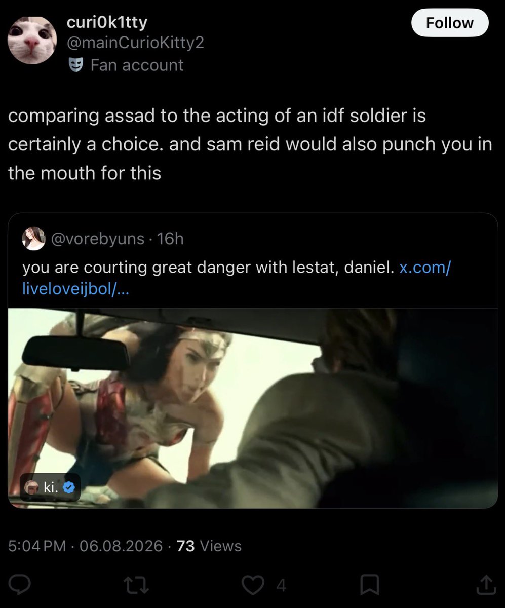 ireneslyre's tweet photo. i was comparing mid acting skills to mid acting skills. fantasizing about sam reid punching a woman is certainly a very normal reaction to this @mainCurioKitty2 https://t.co/I8h7JebZNN
